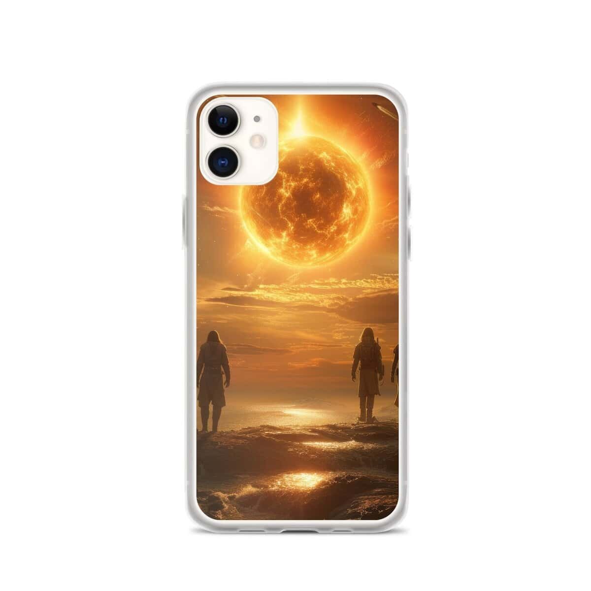 Two people standing on the beach with the future behind them iphone case.