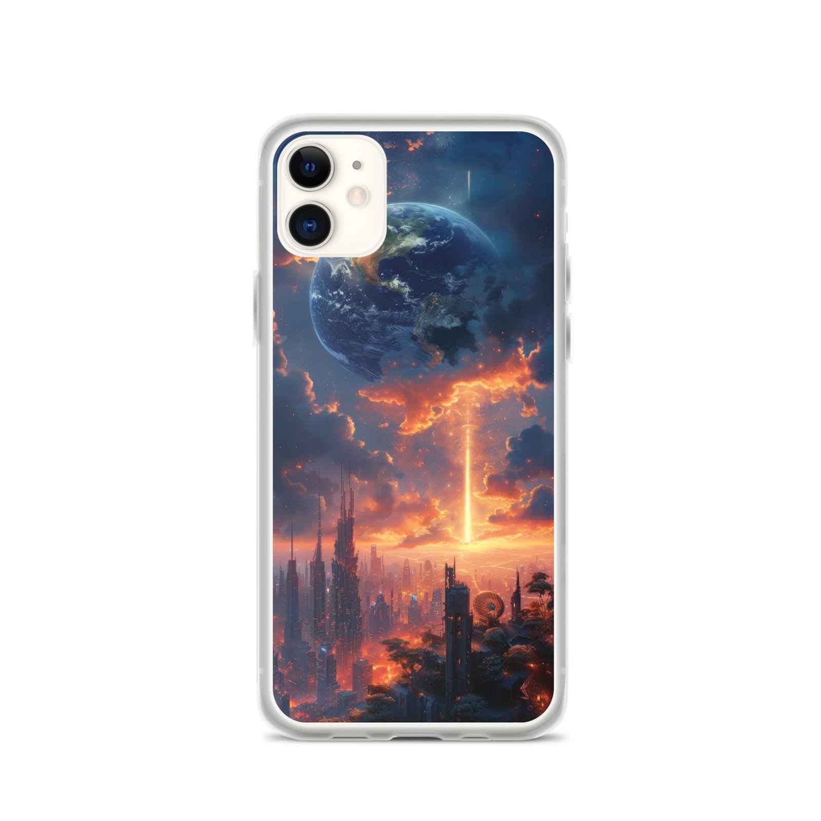 A Clear iPhone case with an image of the Earth at sunset.