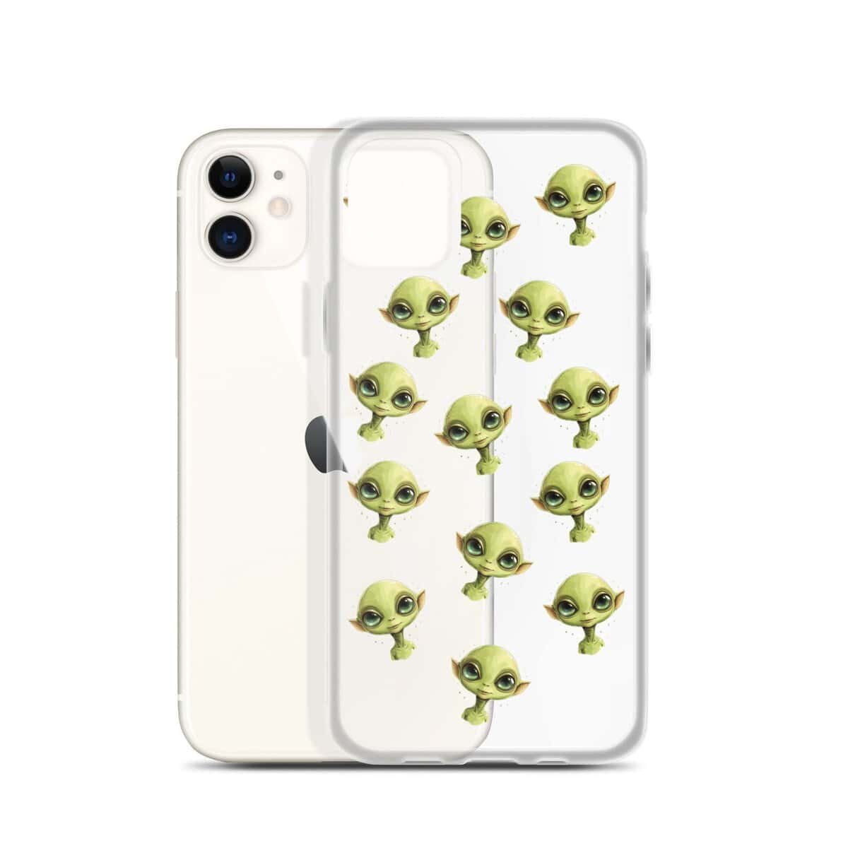 A clear iPhone case adorned with adorable little alien faces.