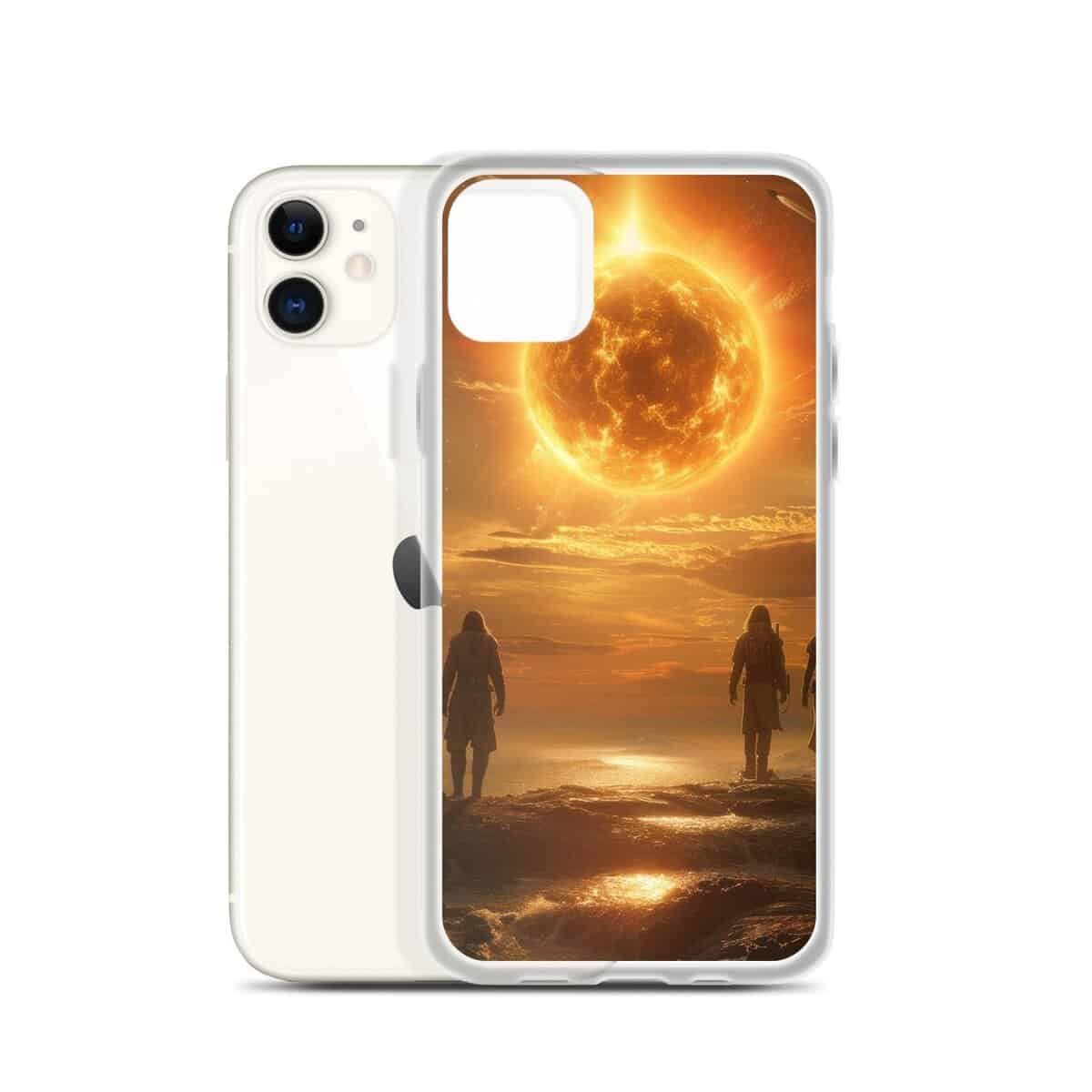 Two people holding hands, walking on the beach with the sun behind them, using a Future Us iPhone Clear Case.