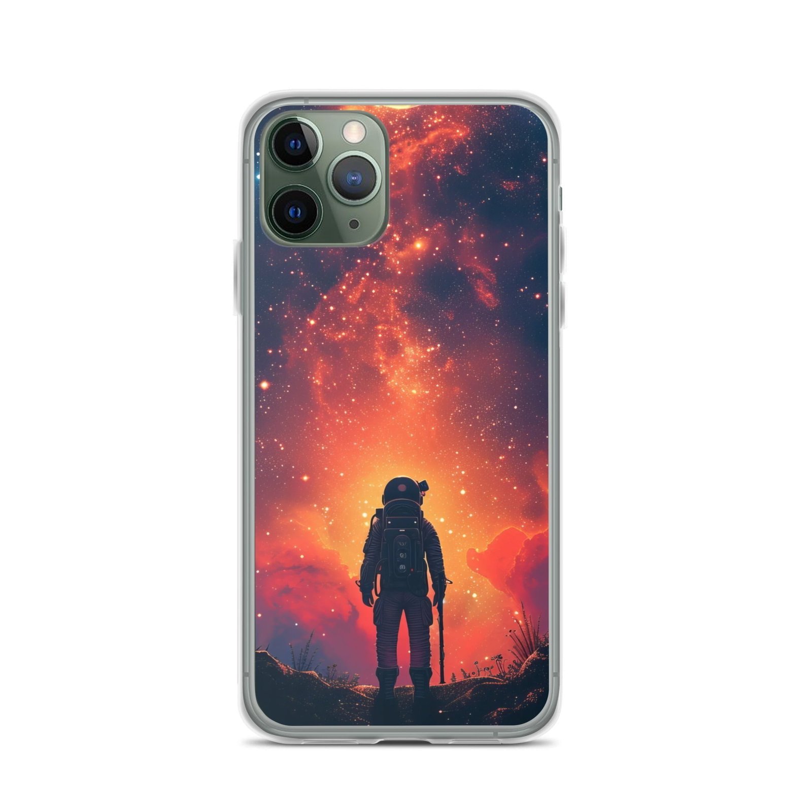 A clear iPhone® case featuring an astronaut design in space.