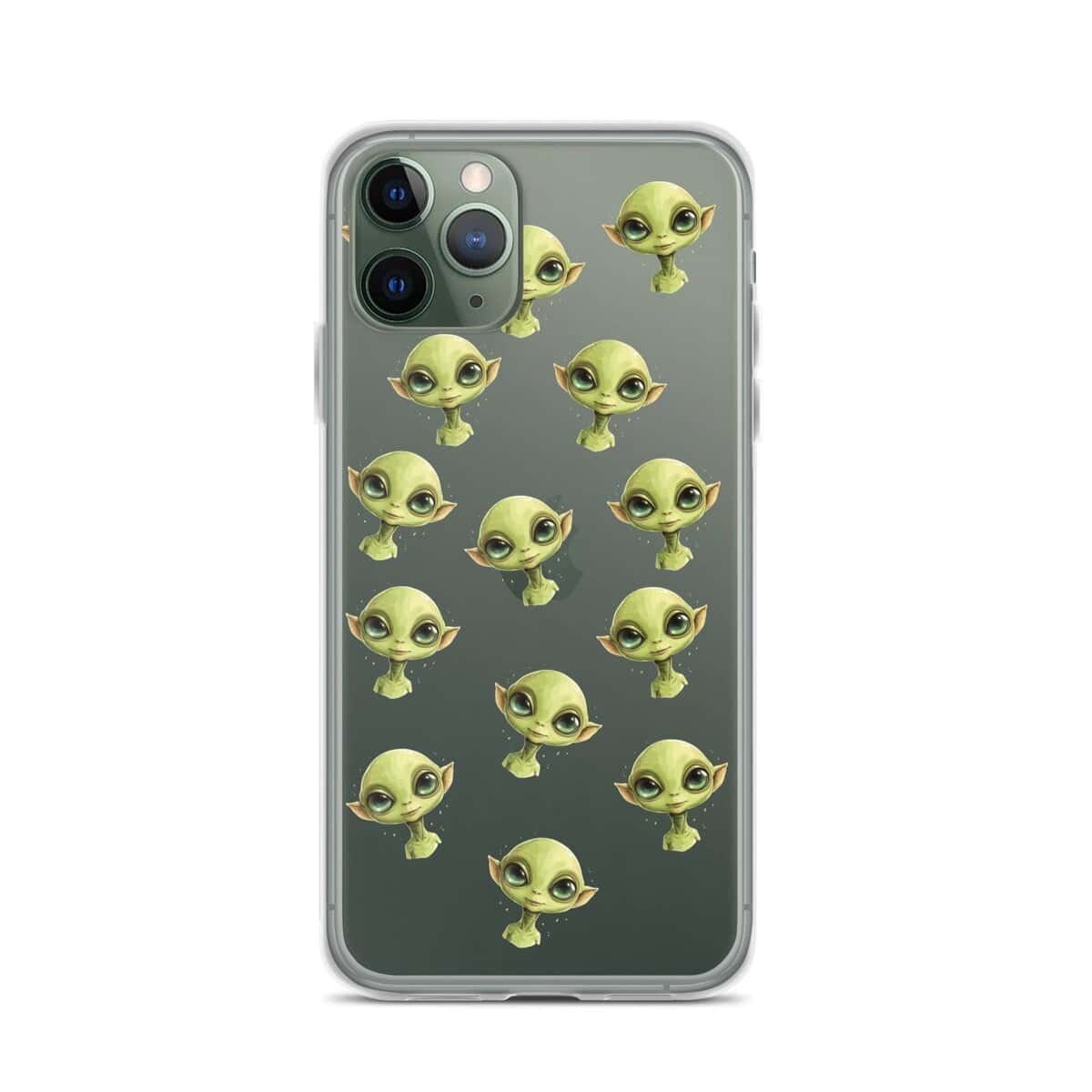 An iPhone phone case featuring a green alien face on a clear background.