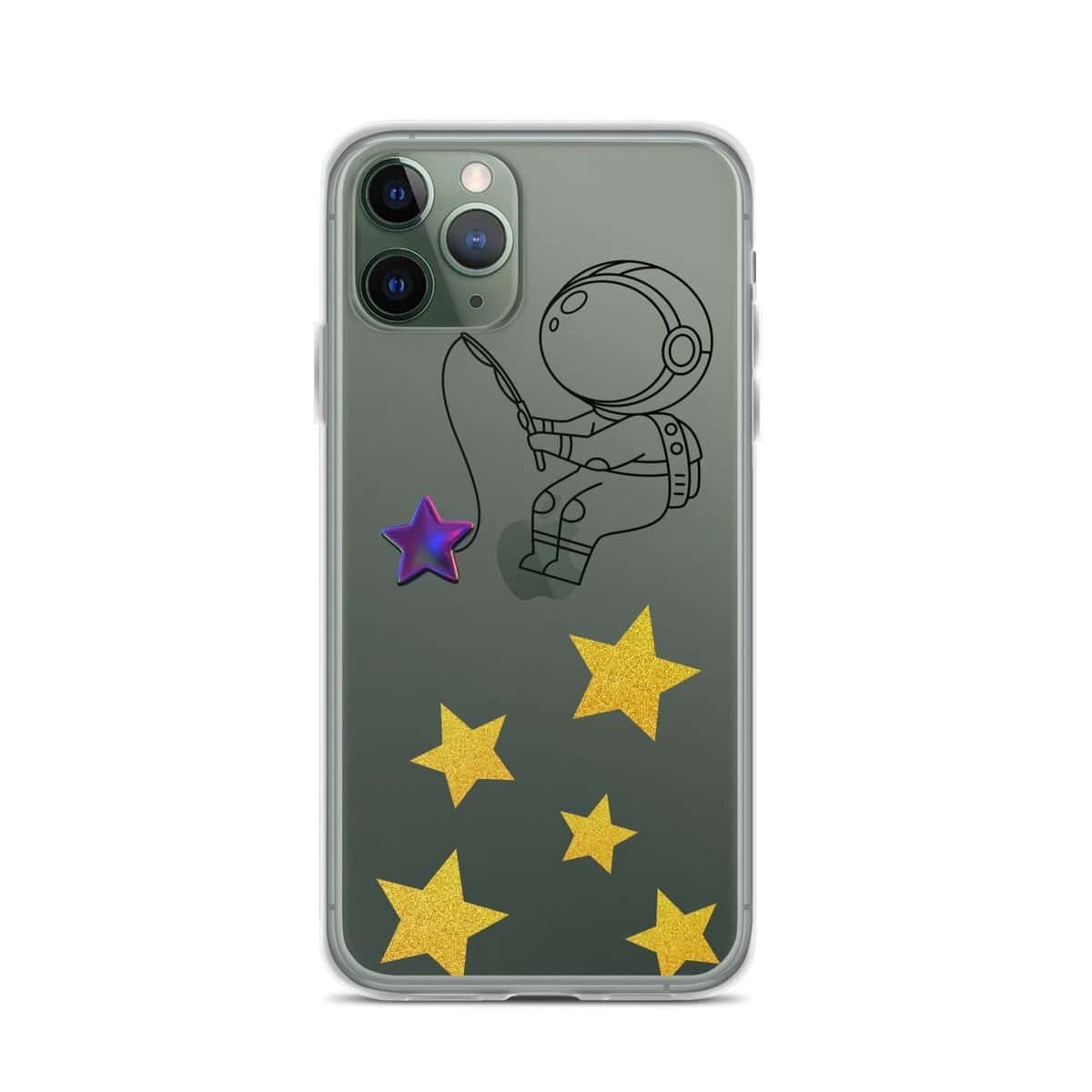 एक पारदर्शी आईफोन केस जिस पर तारों को पकड़ते हुए एक अंतरिक्ष यात्री की आकृति बनी हुई है।