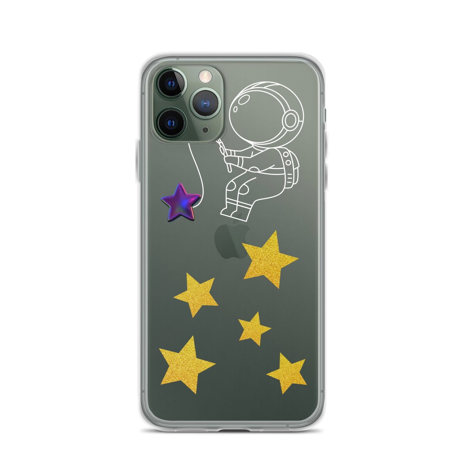A clear iPhone case with an astronaut against a starry night background.