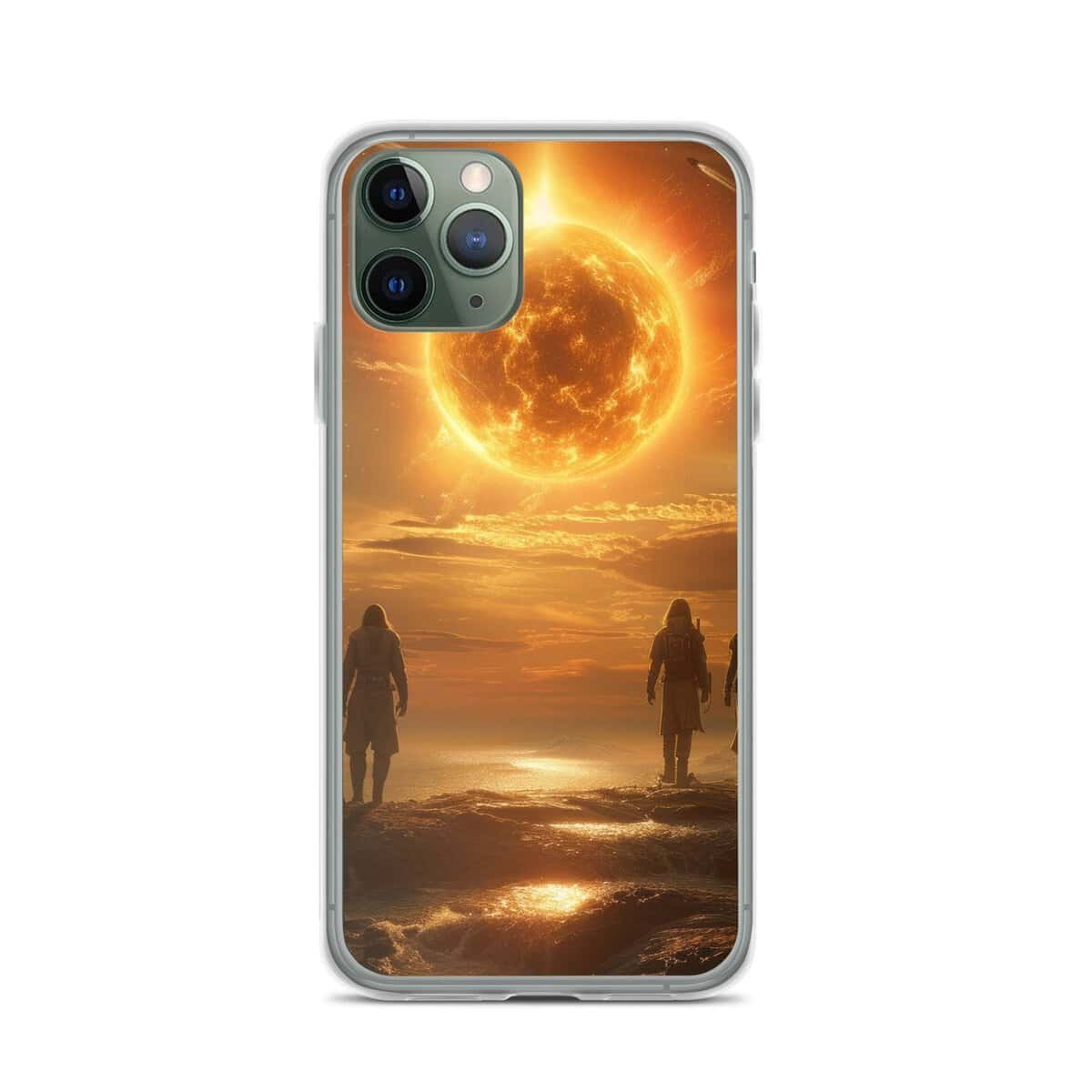 Two people standing on the beach with the sun behind them, showcasing the future us iPhone case.