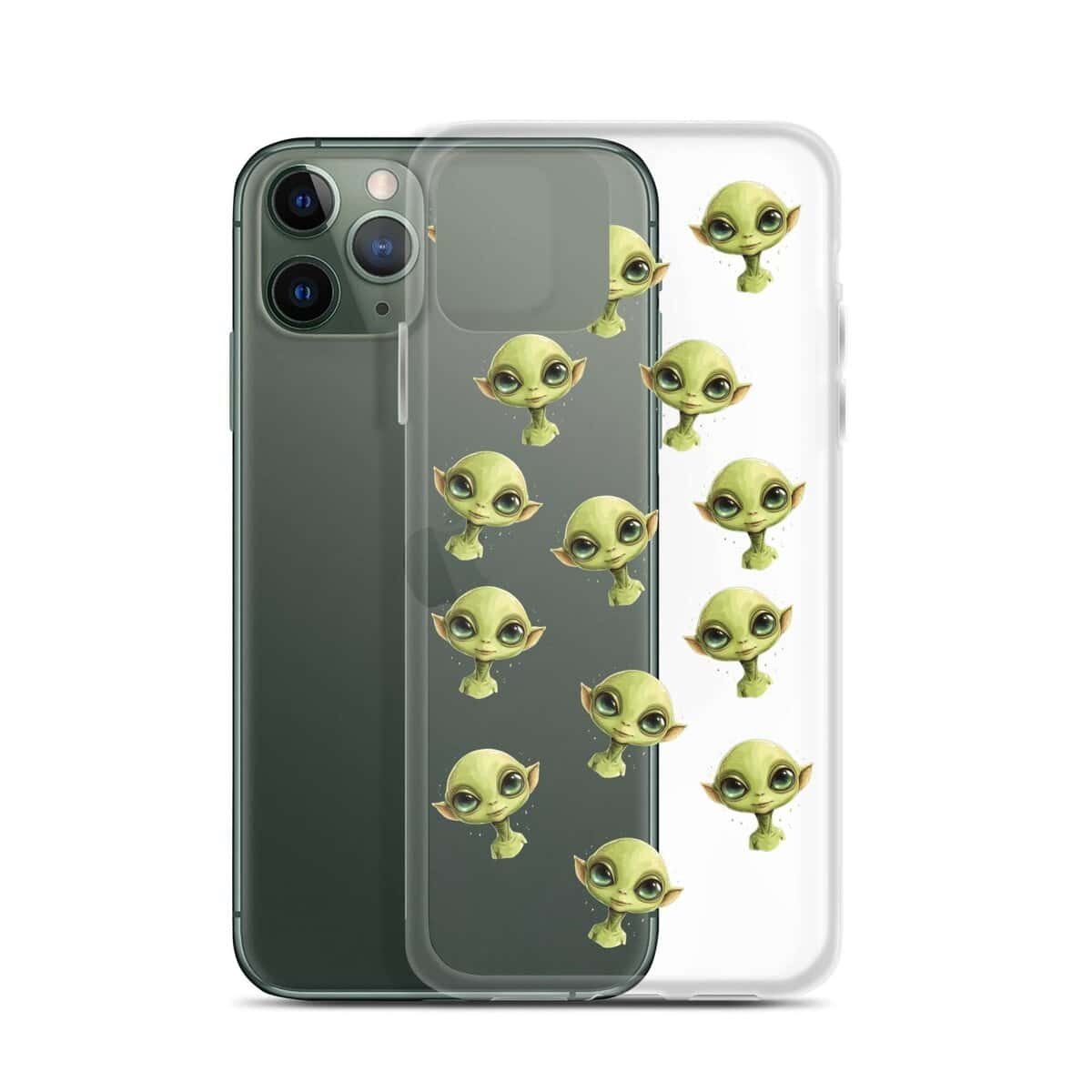 A close up of an iPhone with a clear case.