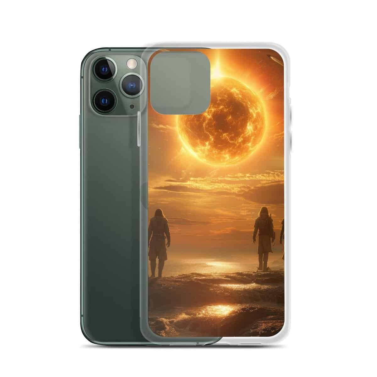 An iphone case featuring a future-esque illustration of two people standing on the beach, with the sun shining brightly behind them.