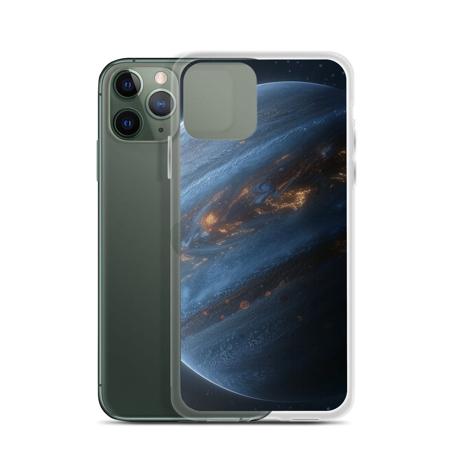 A clear iPhone case featuring an image of the planet Jupiter.