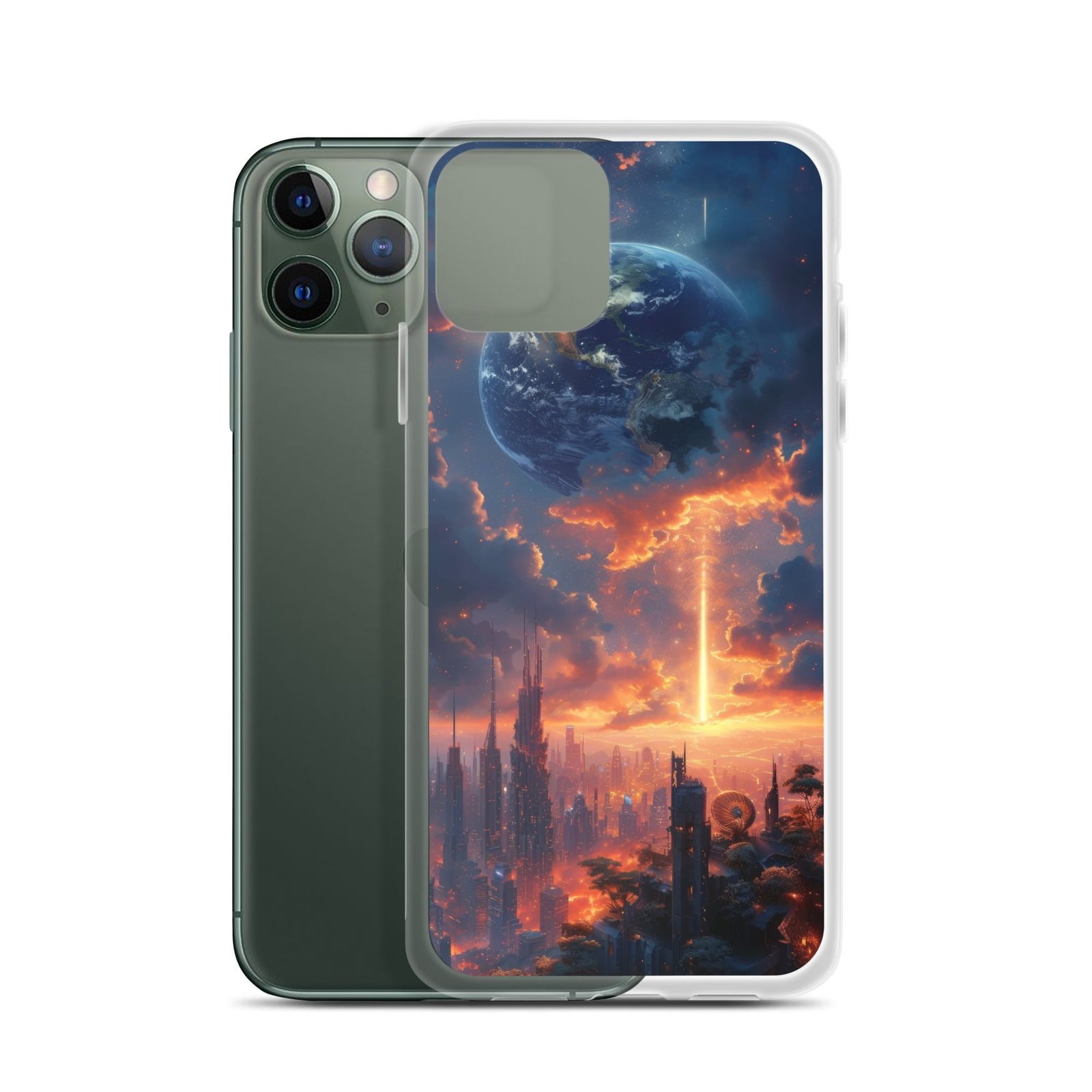 A clear iPhone case featuring a stunning image of a city at sunset.