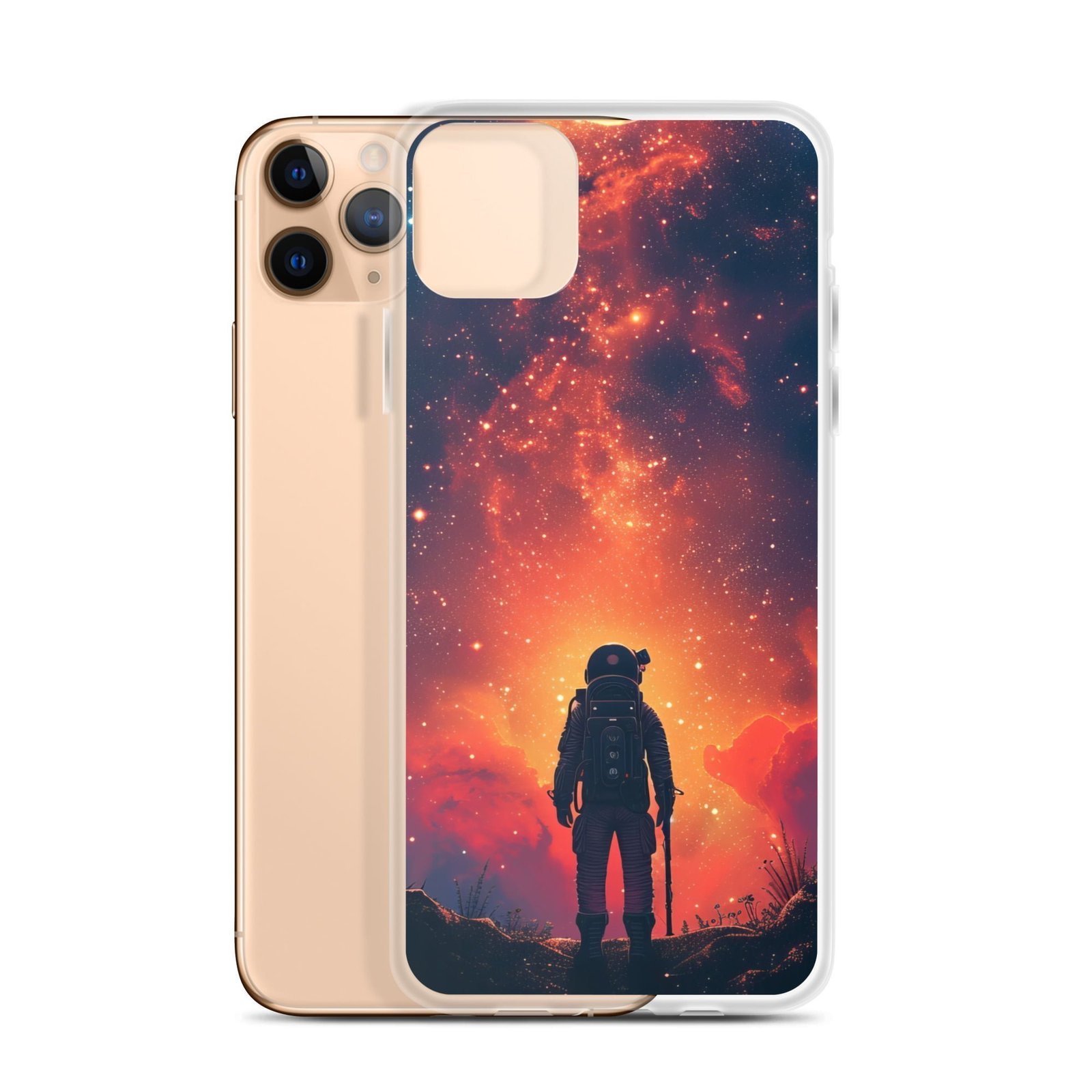 An iPhone case with an astronaut standing in front of a starry sky, perfect for space enthusiasts.