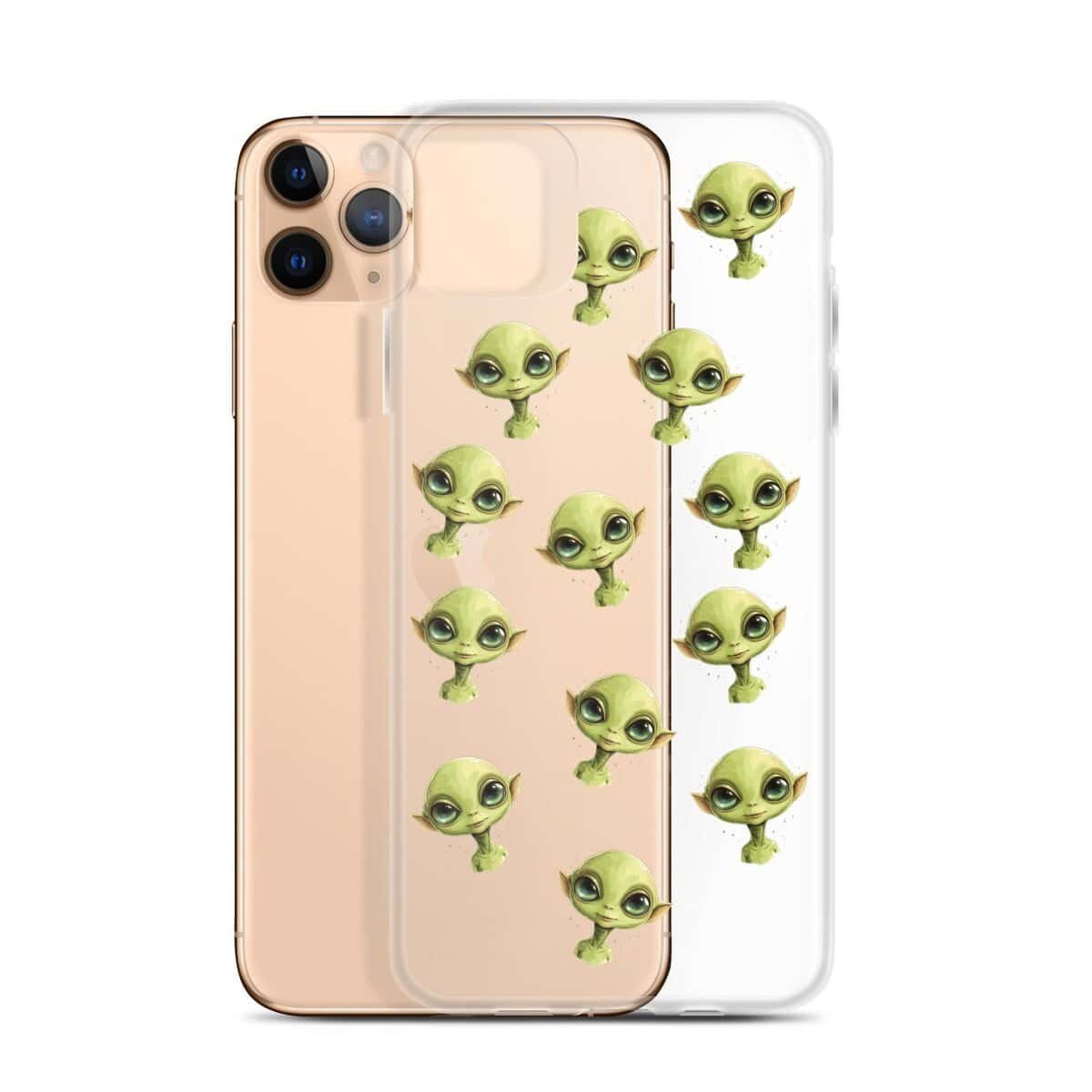 A clear iPhone case adorned with adorable green aliens.