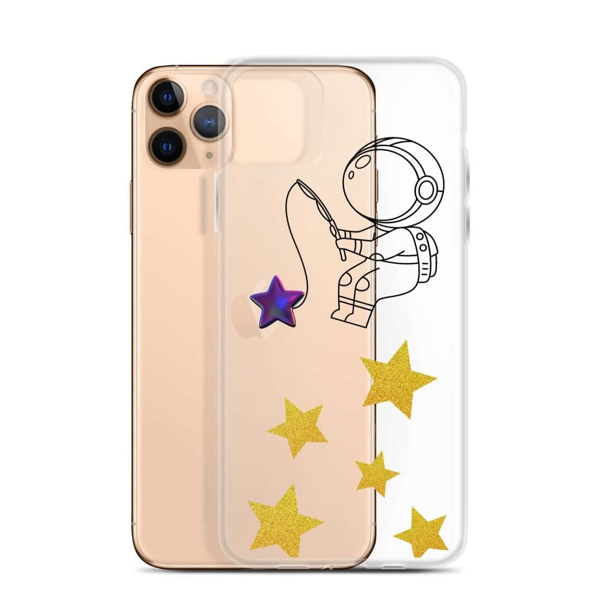 एक पारदर्शी आईफोन केस जिसमें एक अंतरिक्ष यात्री को तारों को पकड़ते हुए दिखाया गया है।