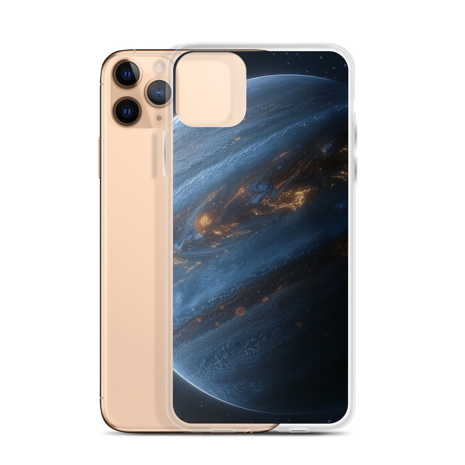 A clear iPhone case featuring an image of the planet Jupiter.