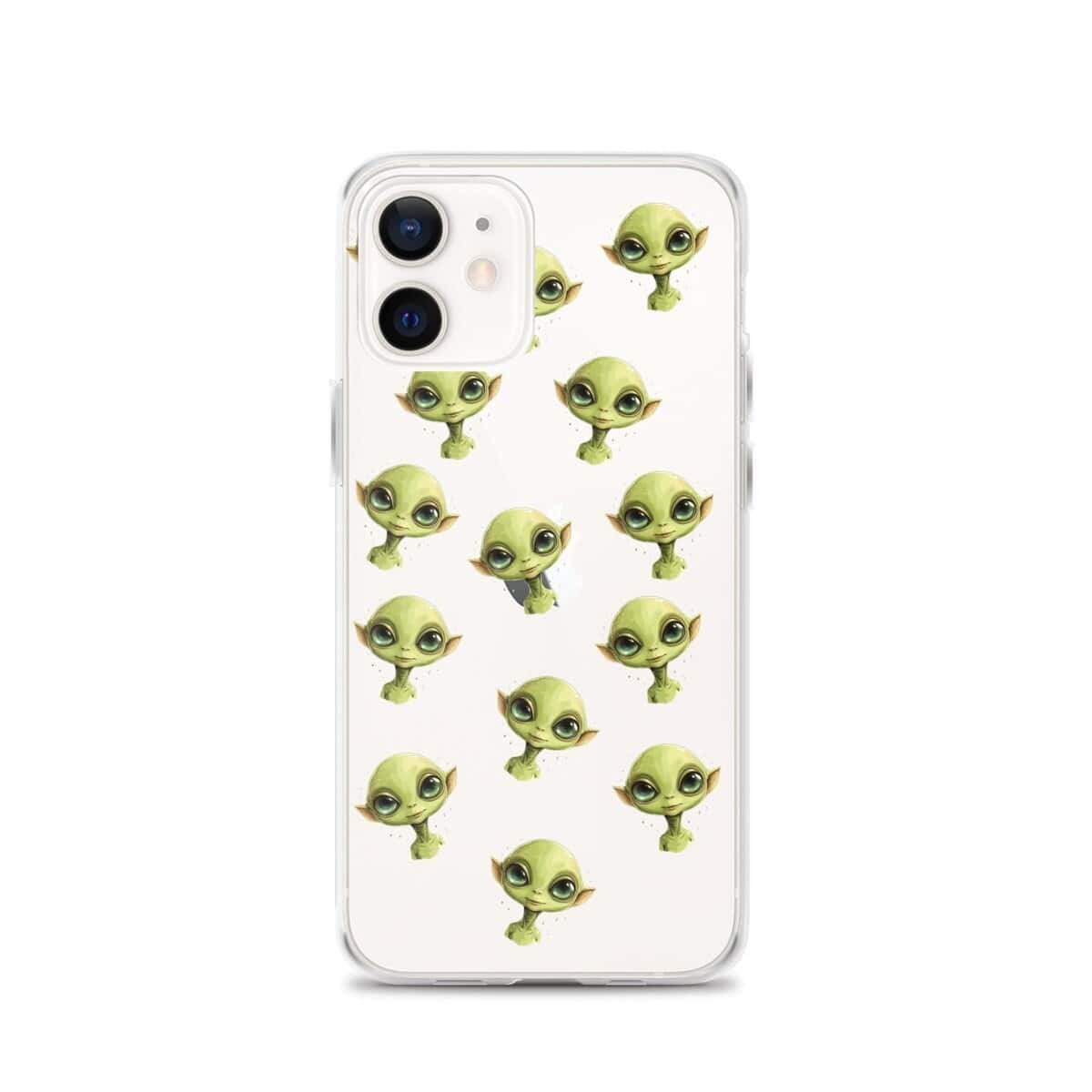 A clear phone case featuring green aliens.