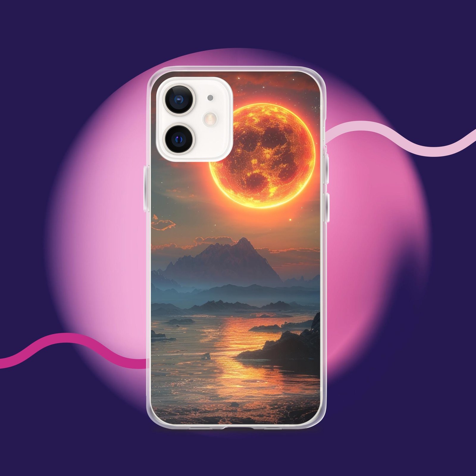 A clear iPhone case featuring an image of the sun and mountains.
