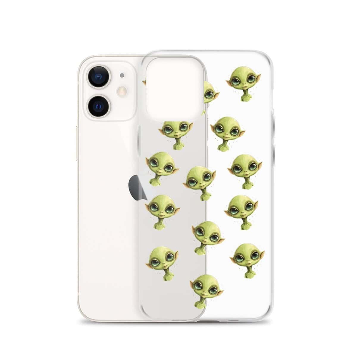 A clear phone case with green alien faces.