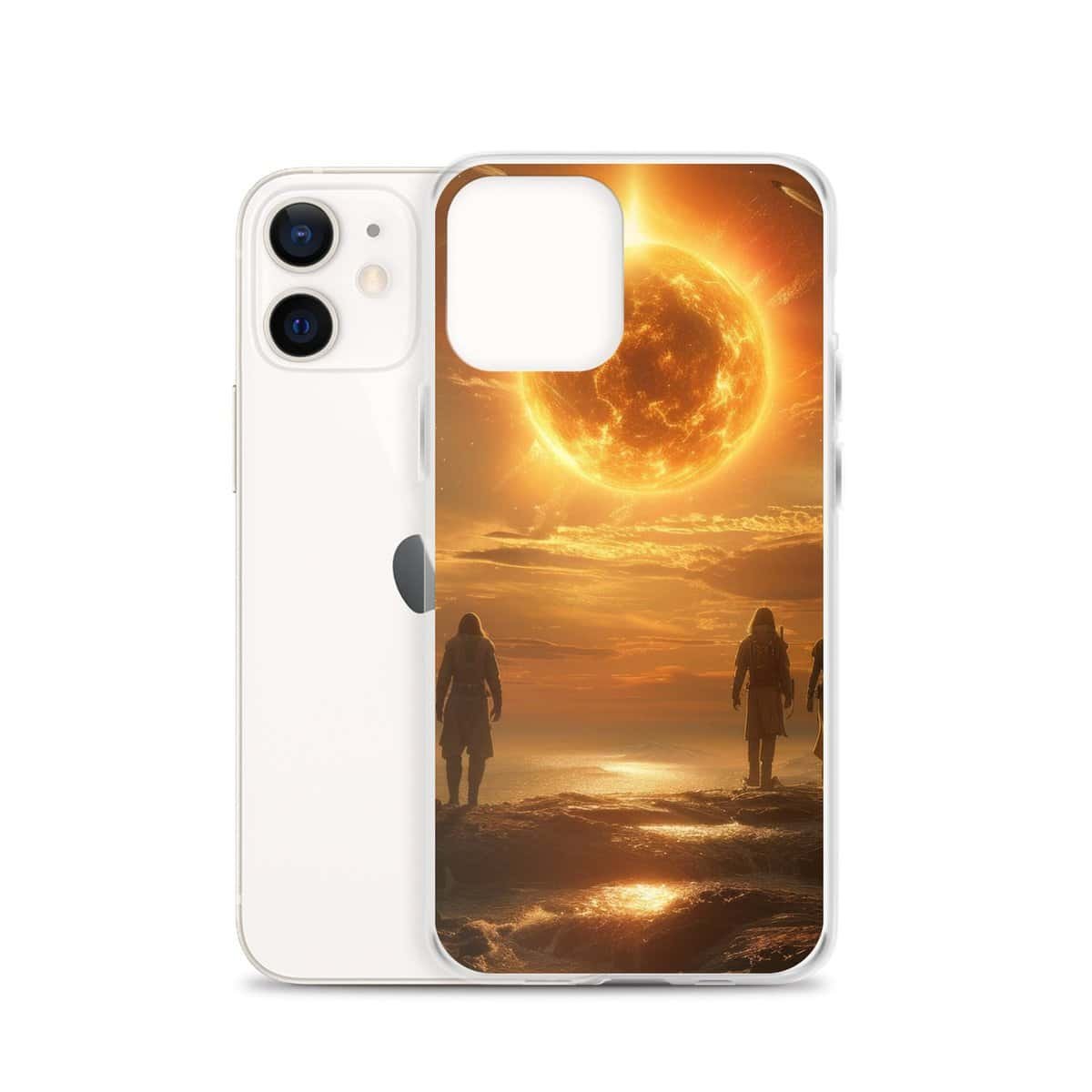 Two people walking on the beach with the iPhone clear case reflecting the sun behind them.