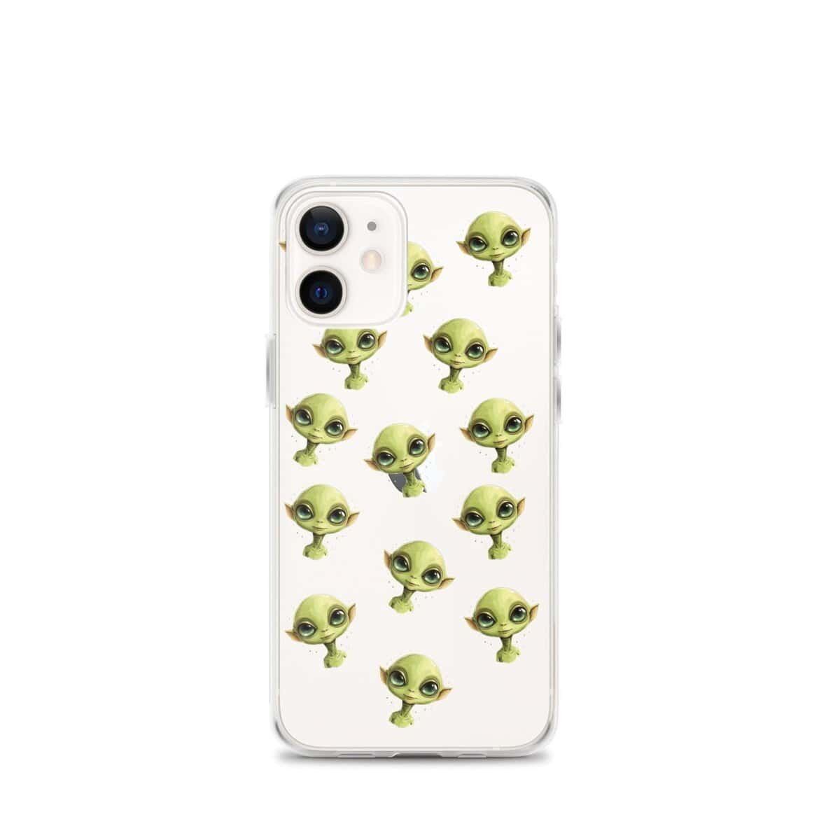 A clear phone case with green aliens on it.