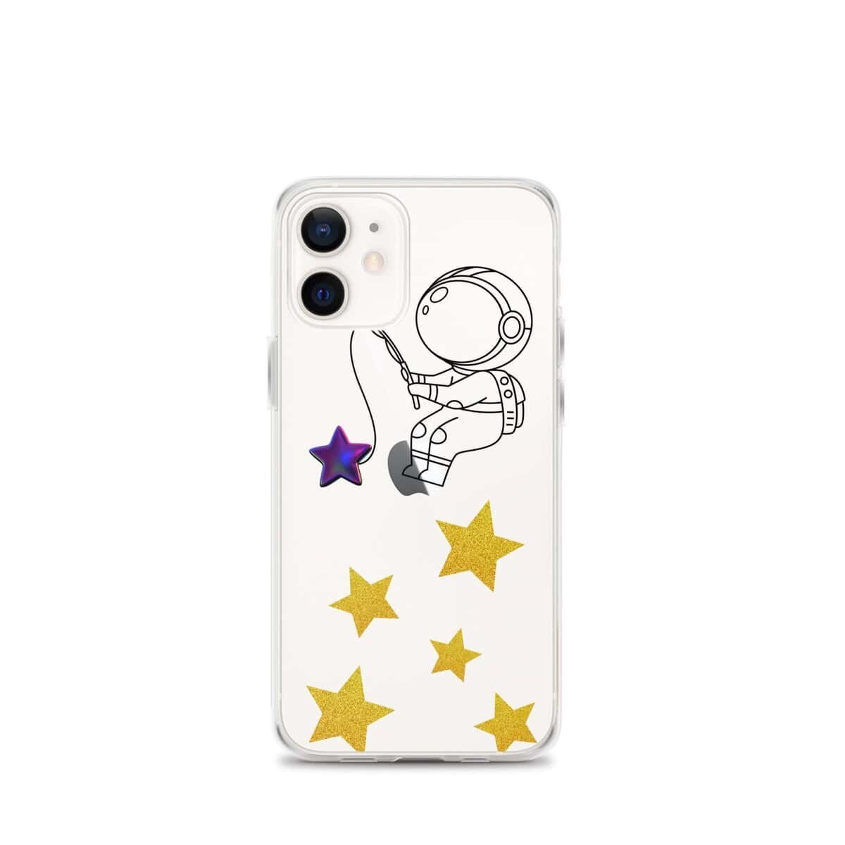 एक पारदर्शी आईफोन केस जिस पर एक अंतरिक्ष यात्री और तारों को पकड़ते हुए व्यक्ति की आकृति बनी हुई है।
