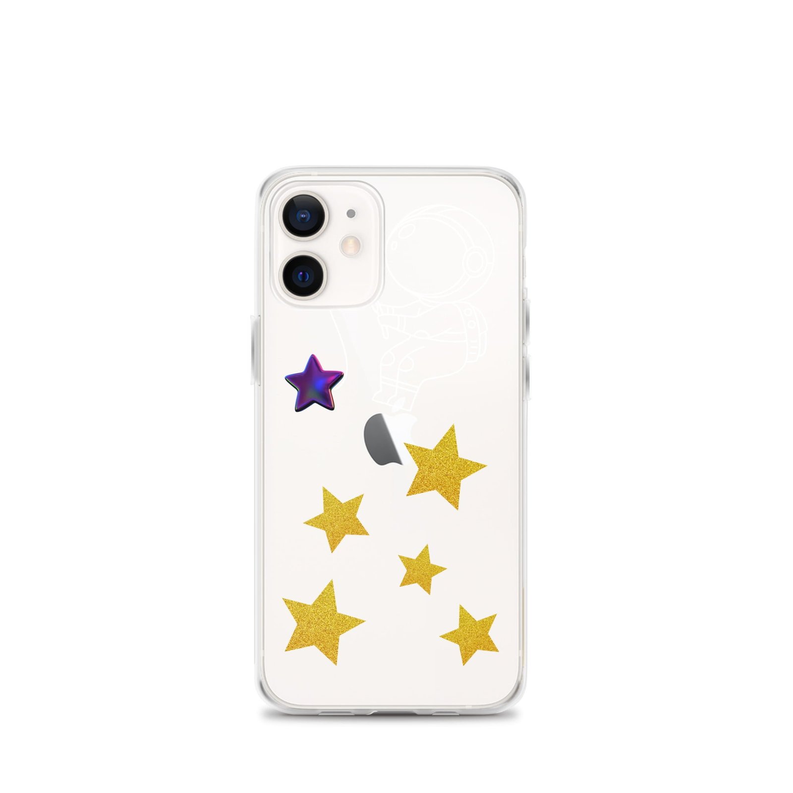 A clear iPhone case with stars on it.