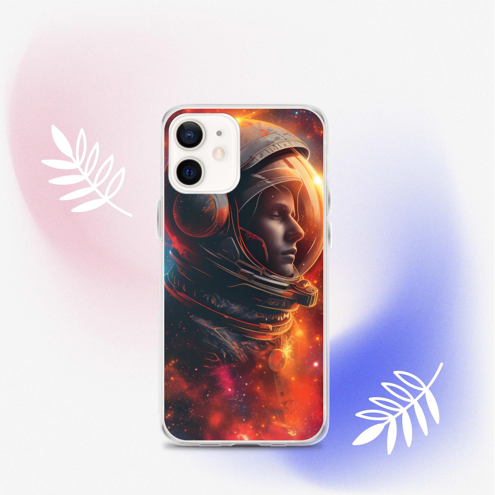 A clear iPhone case featuring an image of an astronaut floating in the vast universe.