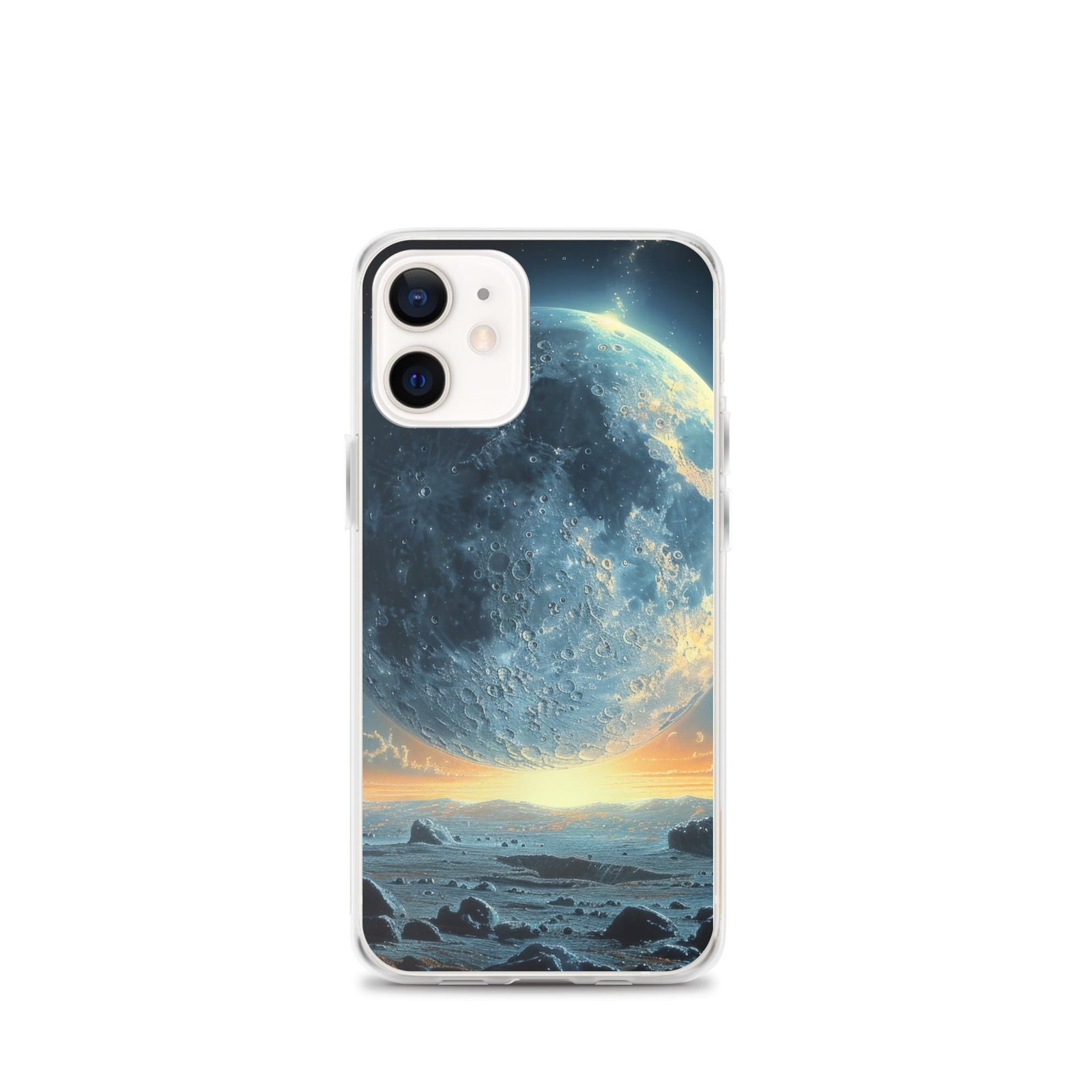 An iPhone case with a clear case and an image of the moon in the sky, bringing you closer to the moon.