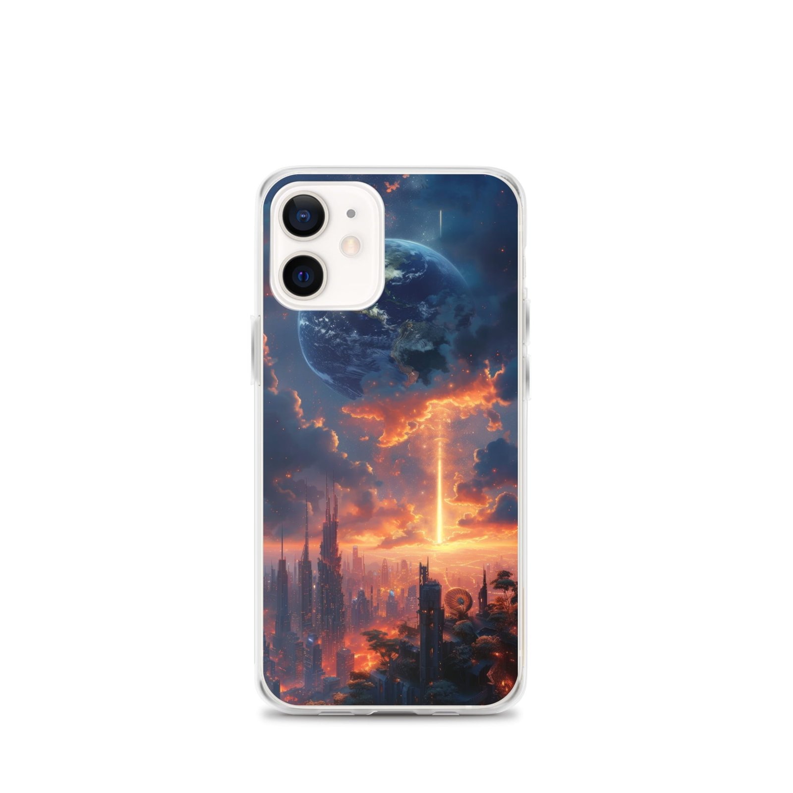 A clear iPhone case featuring an image of a city at sunset, capturing the stunning beauty of Earth.