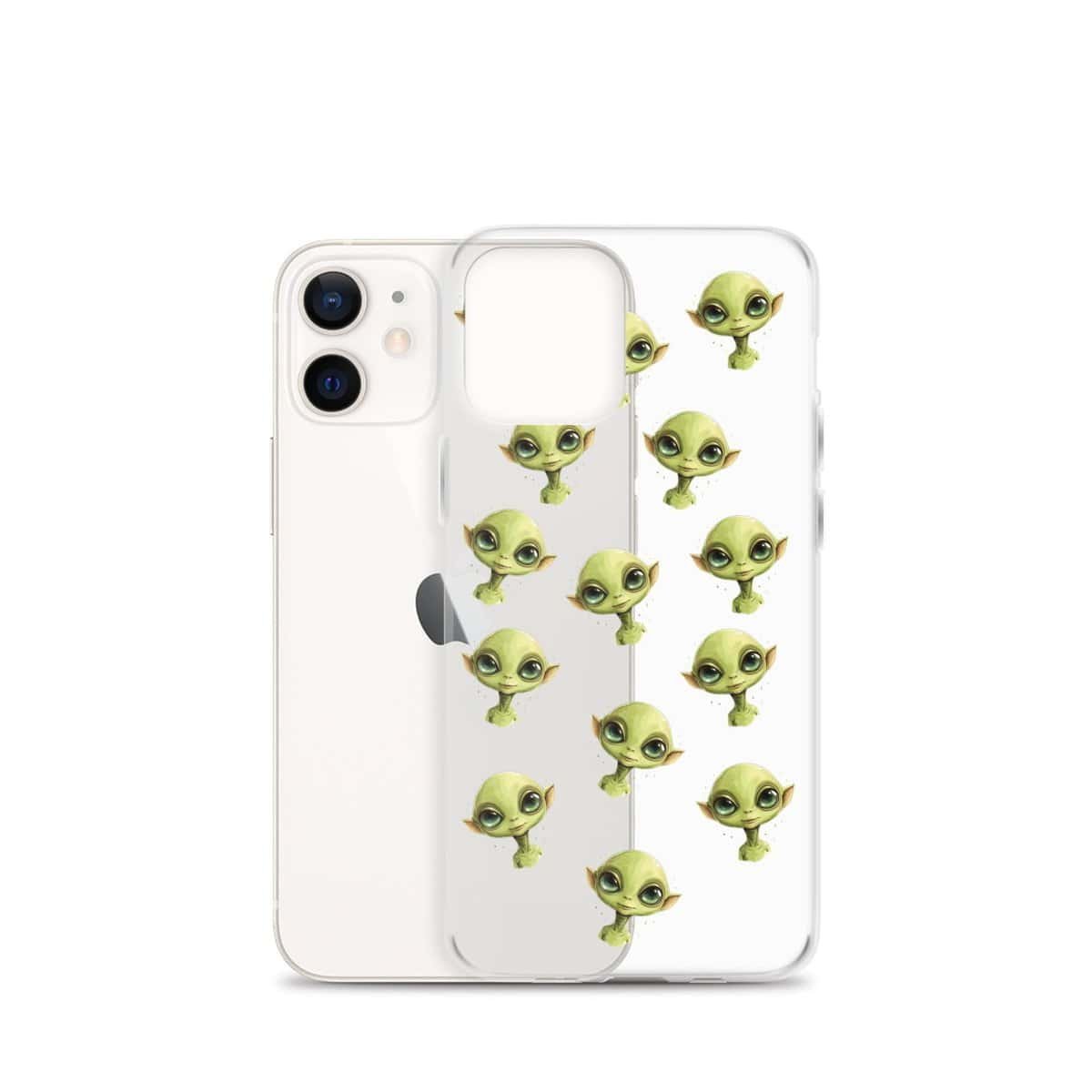 A clear iPhone case featuring green alien faces.