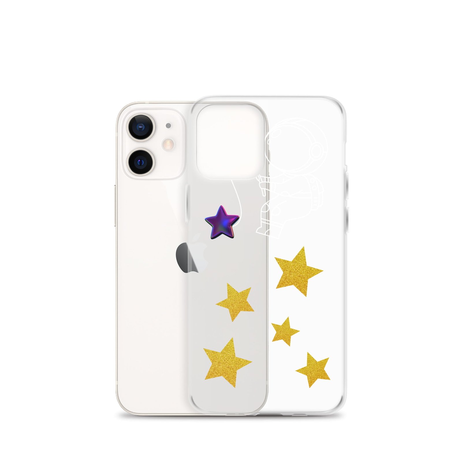 A clear iPhone case adorned with stars, perfect for a Black iPhone.
