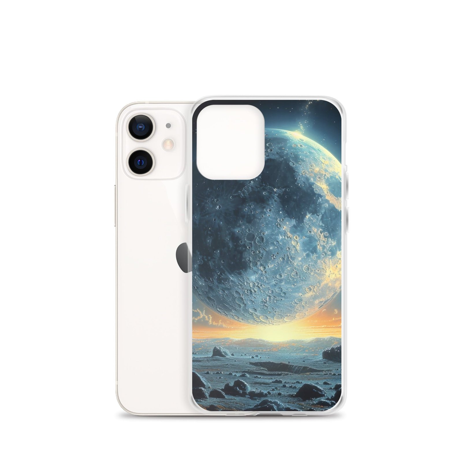 A Clear iPhone case with an image of the moon and rocks, bringing you Closer to the Moon.