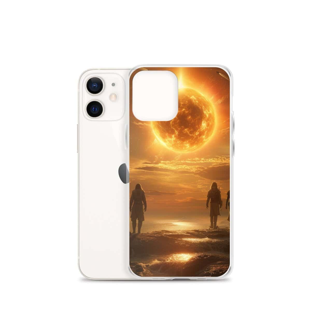 Two people walking on the beach with a clear case on their iPhones, with the sun behind them.