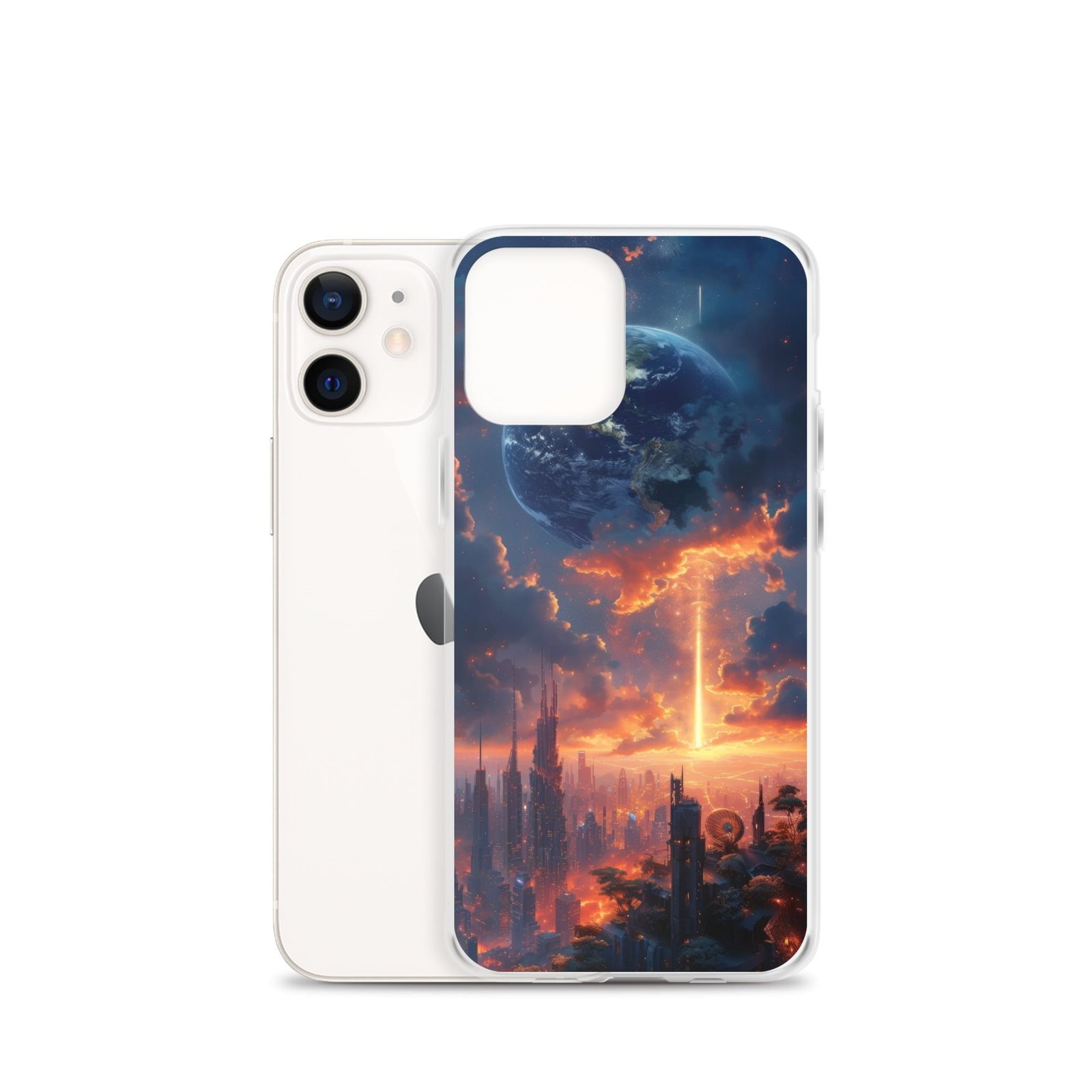 A clear iPhone case with an image of a city at sunset.