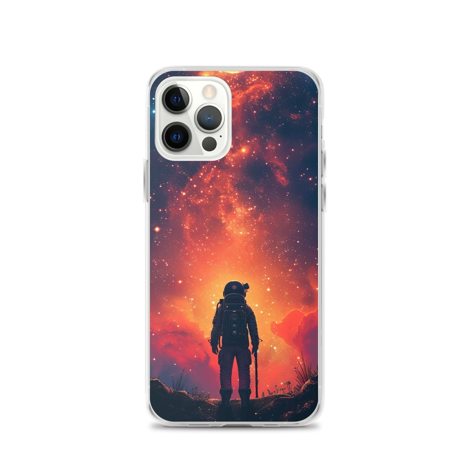 A clear iPhone case with a man standing in front of a starry sky.