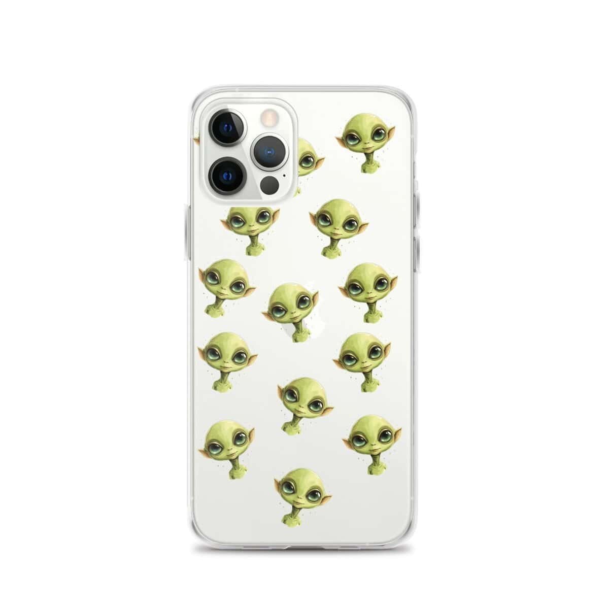 A clear phone case with green aliens on it.
