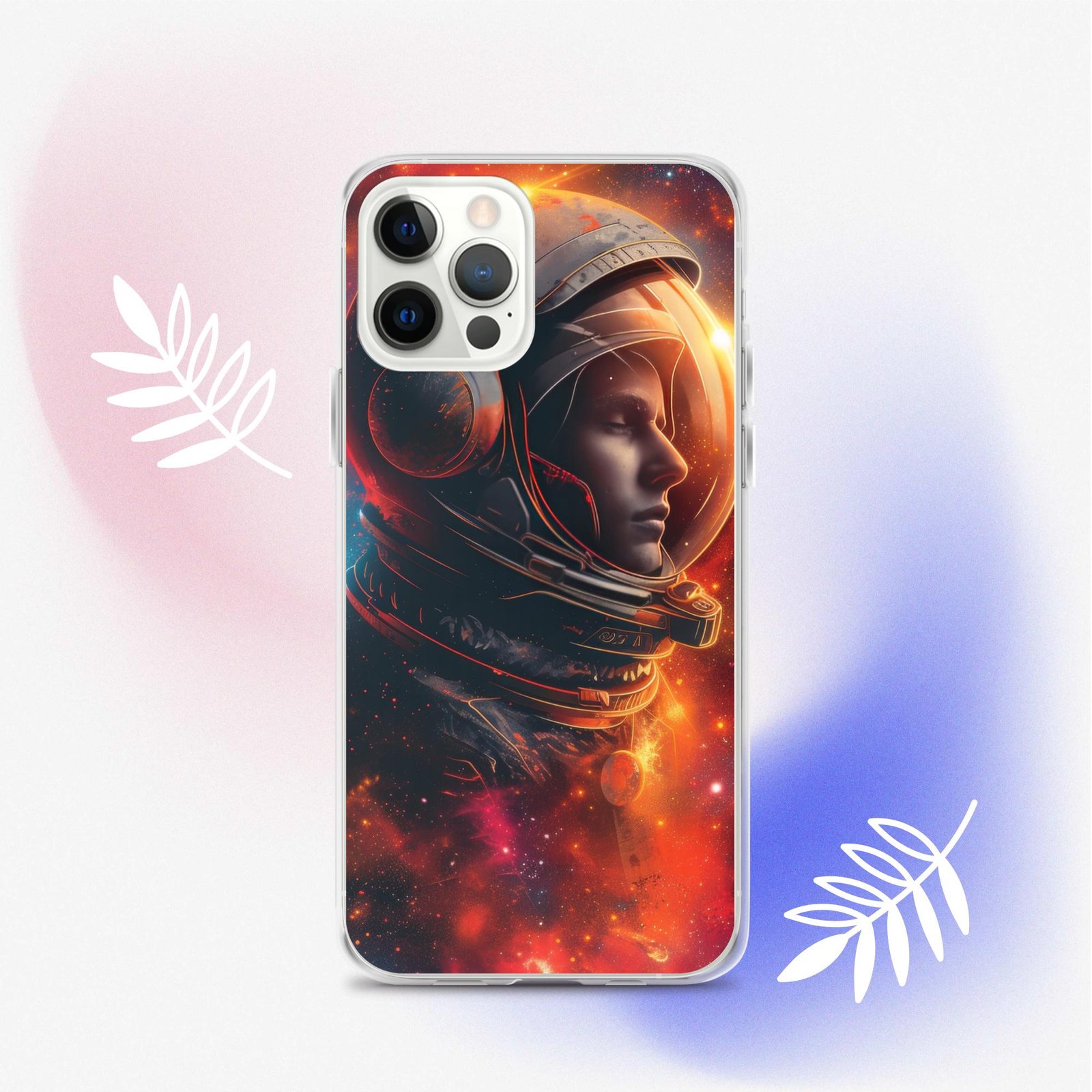 A clear iPhone case featuring an image of an astronaut floating in the vast universe.