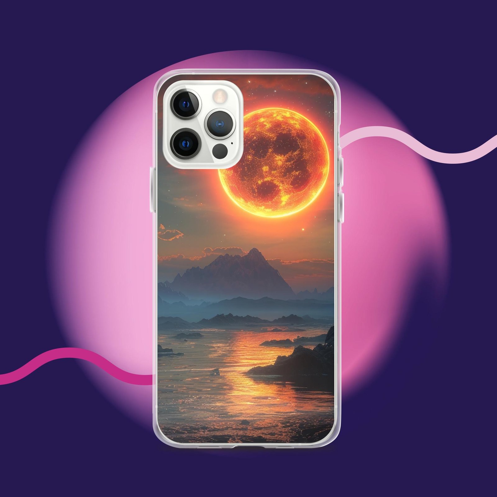 A iPhone phone case with an image of the moon and mountains on a clear case.