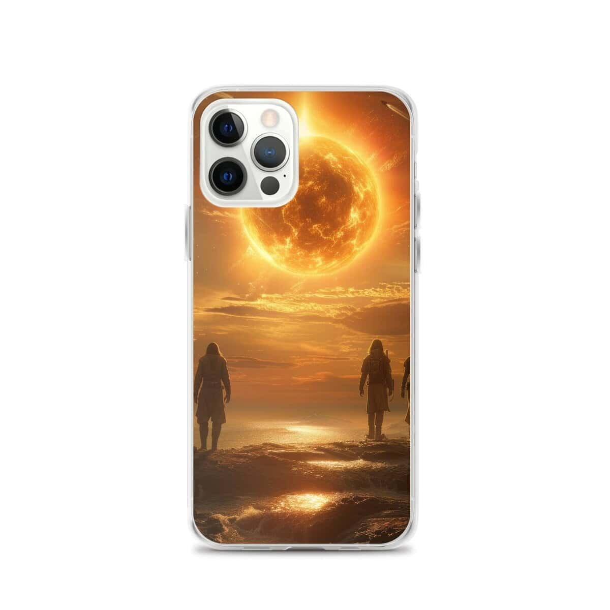 Two people walking on the beach with the sun behind them iPhone case.