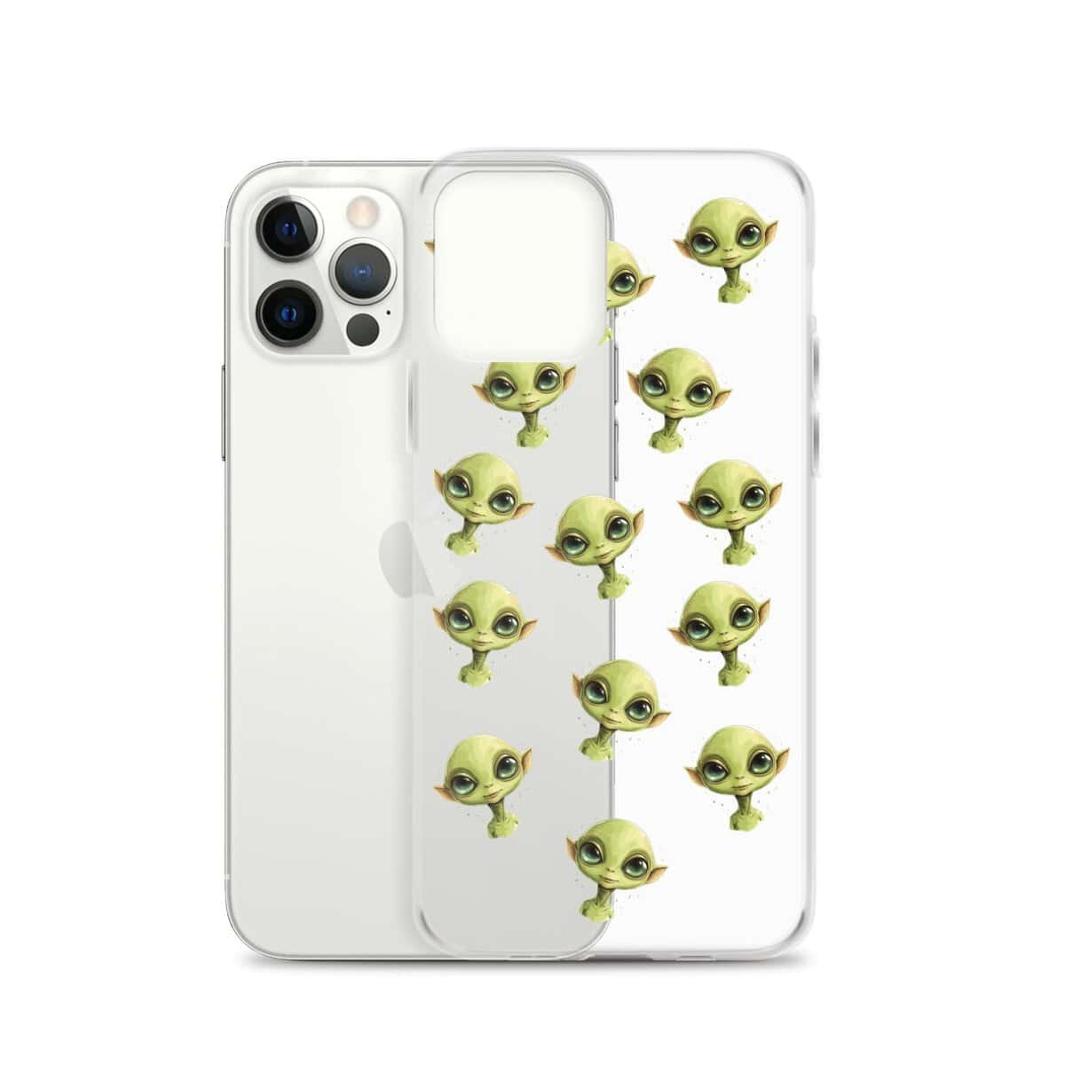 A clear iPhone case adorned with green alien faces.
