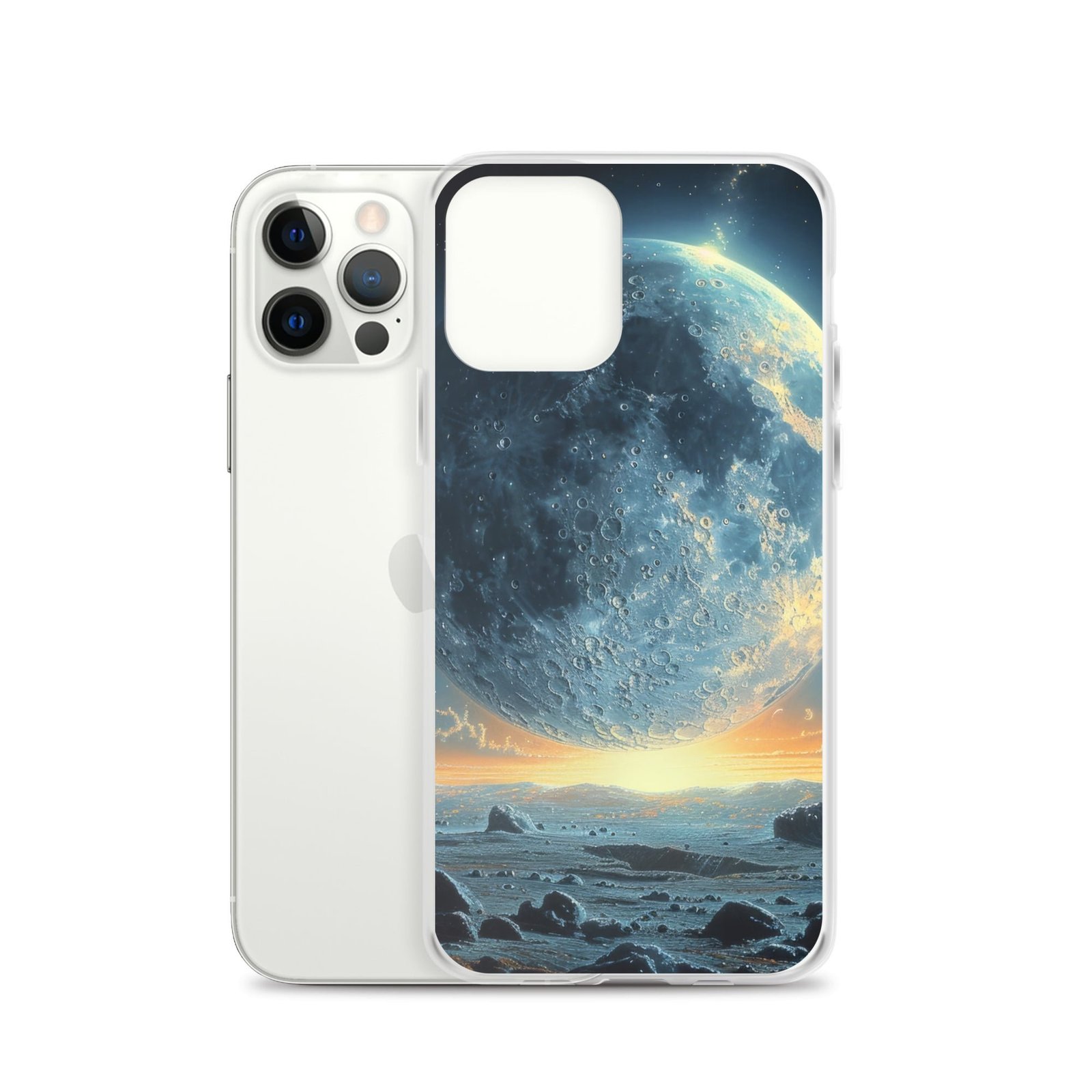 A closer look at the moon on a clear case with rocks.