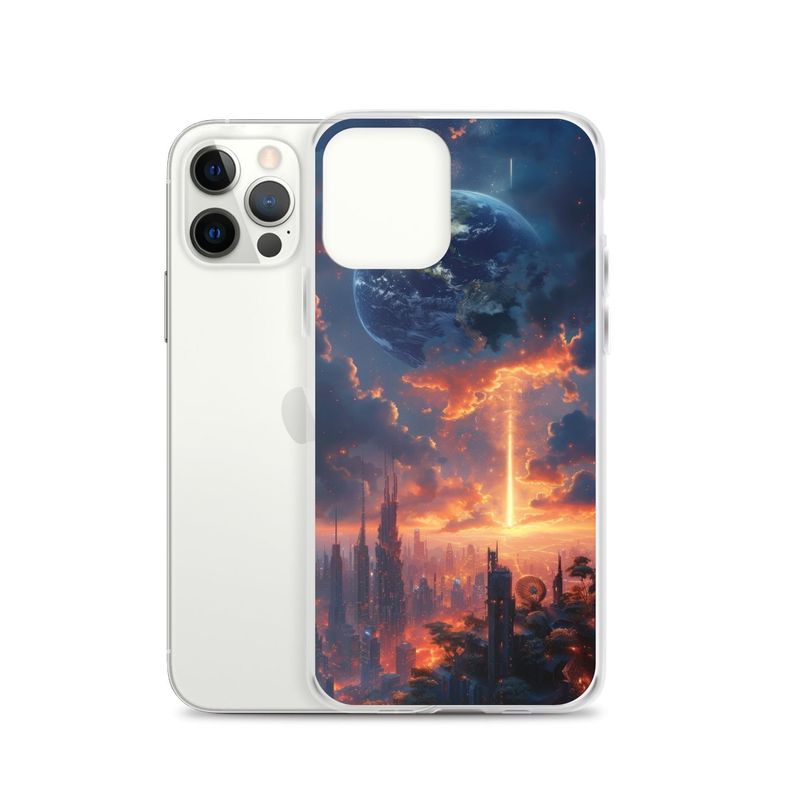A clear iPhone case featuring an image of a city at sunset, bringing the beauty of Earth to your device.