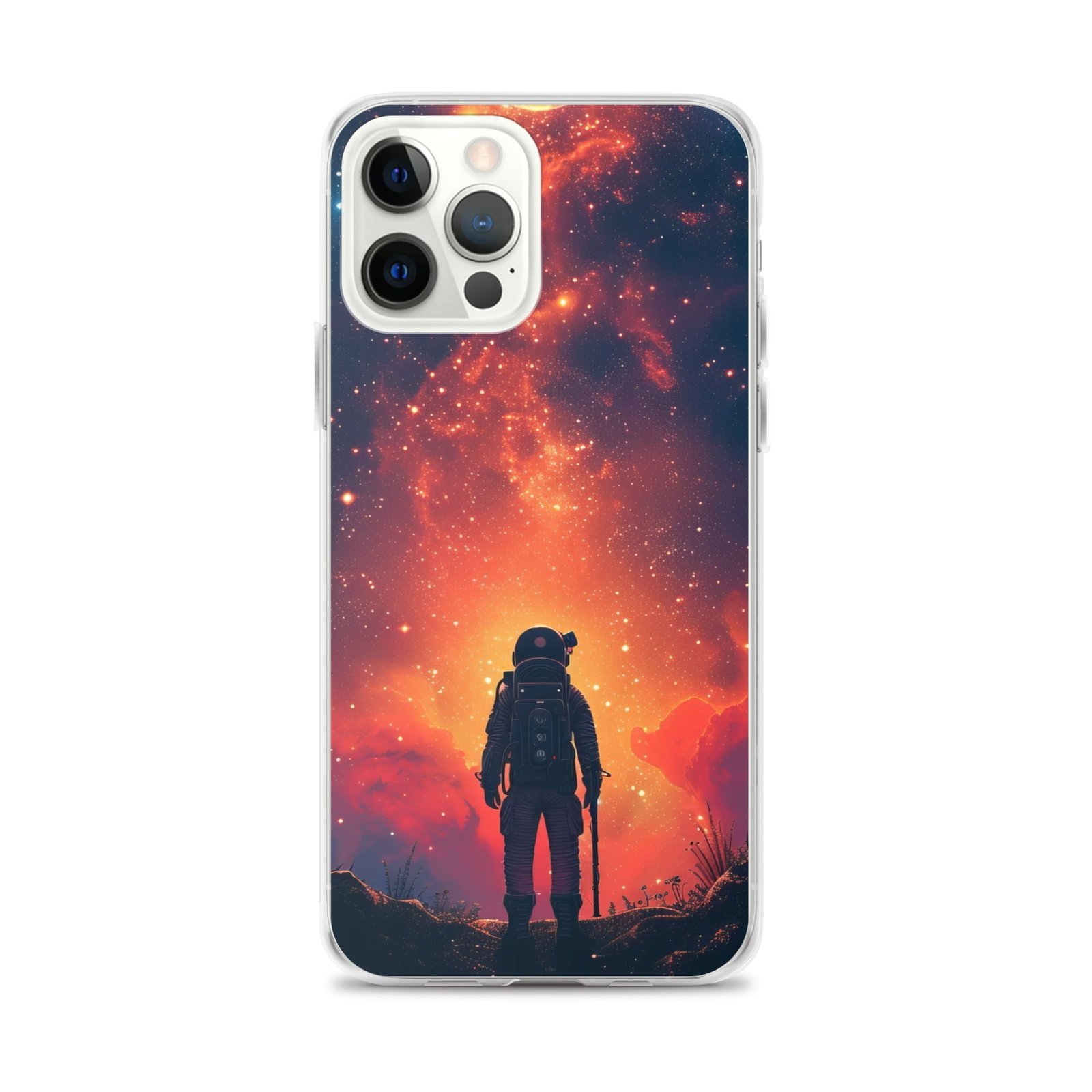 A clear iPhone case with an astronaut in space looking at the stars.