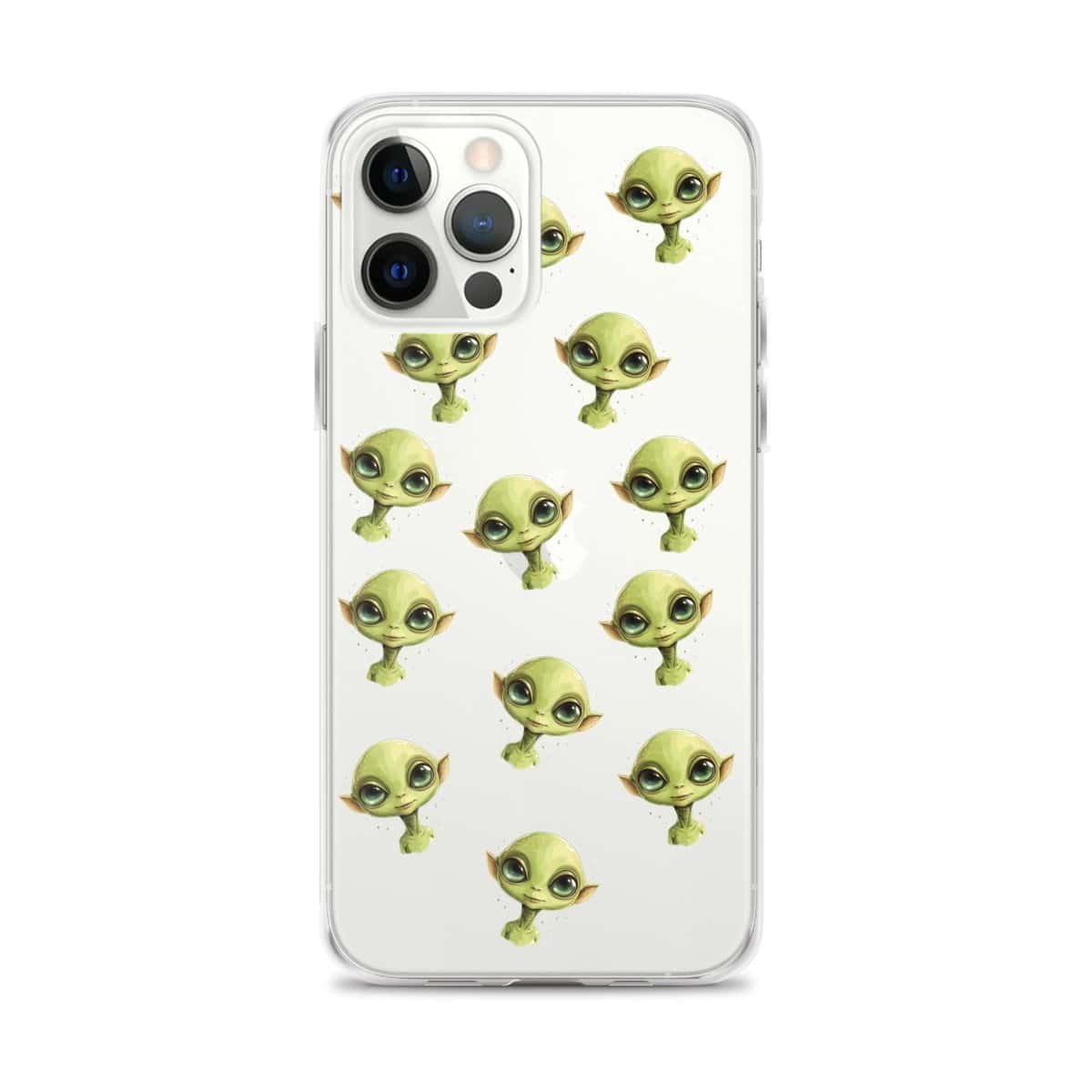 A clear phone case featuring green aliens.