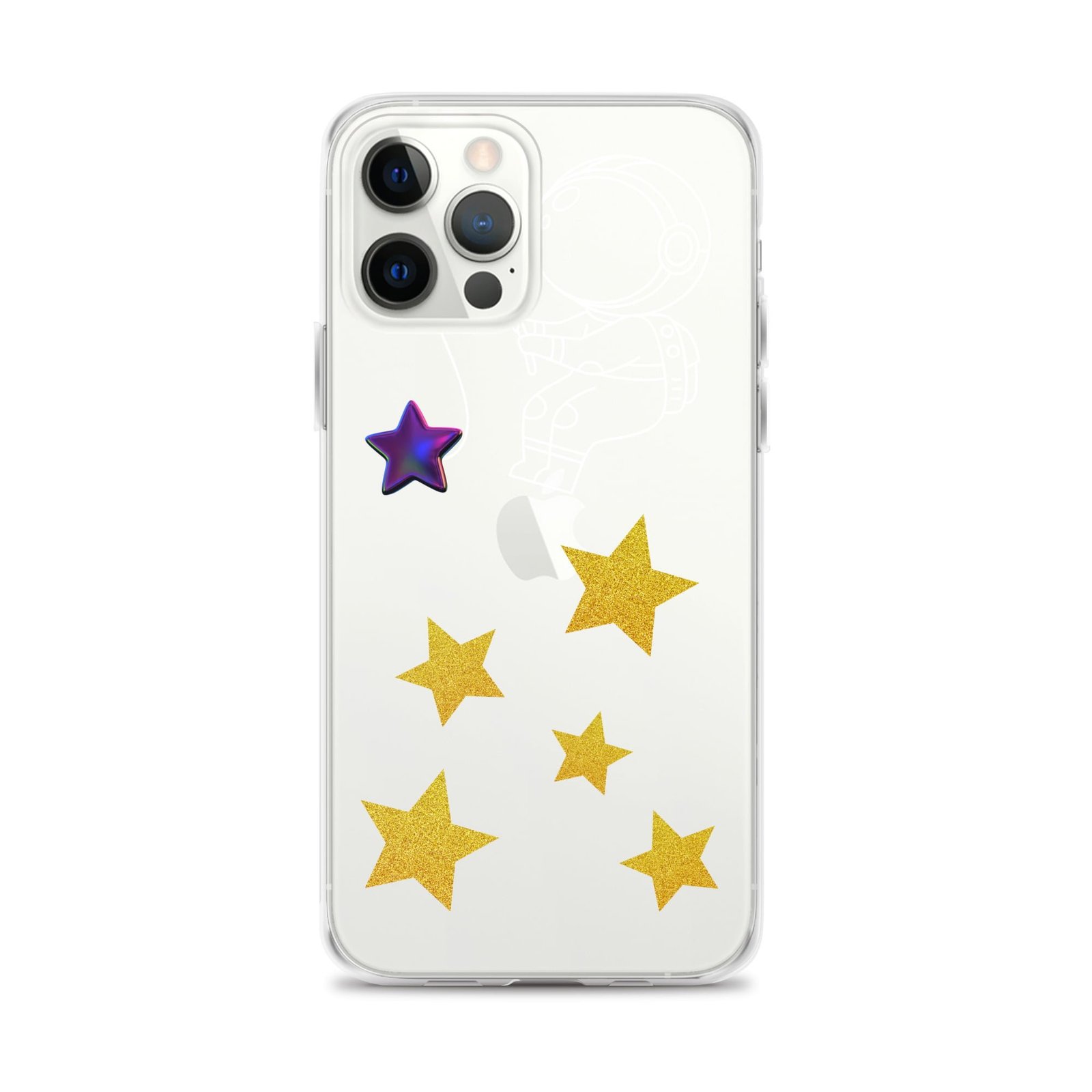 A clear iPhone case with stars on it.