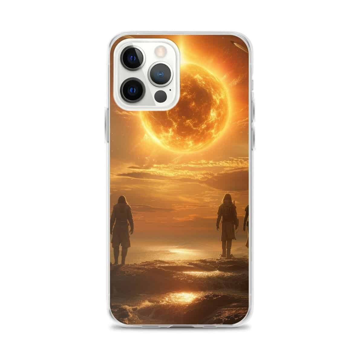 Two people walking on the beach with the sun behind them, showcasing our future-themed iPhone case.