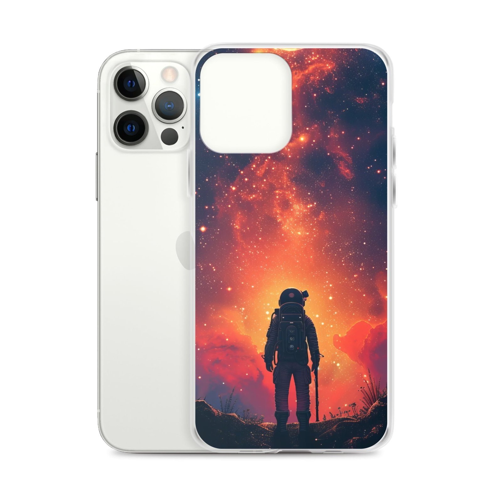 A Clear iPhone case featuring a man standing in front of a starry sky.