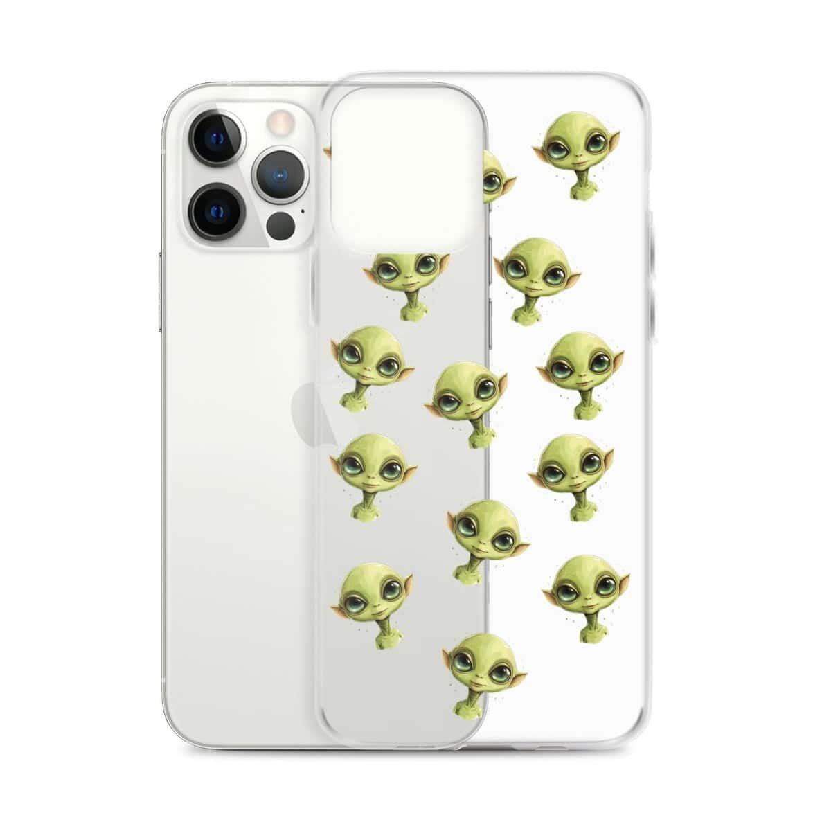 A clear iPhone case adorned with green alien faces.