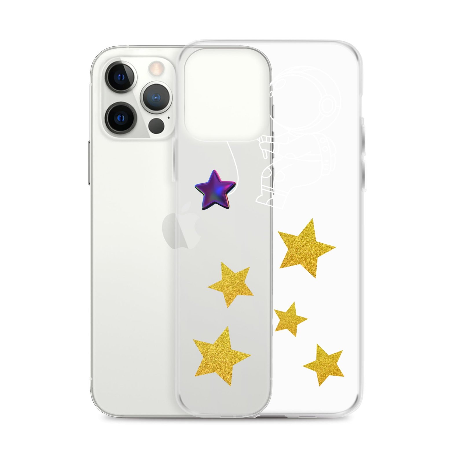 A clear iPhone case adorned with stars, perfect for a Black iPhone.