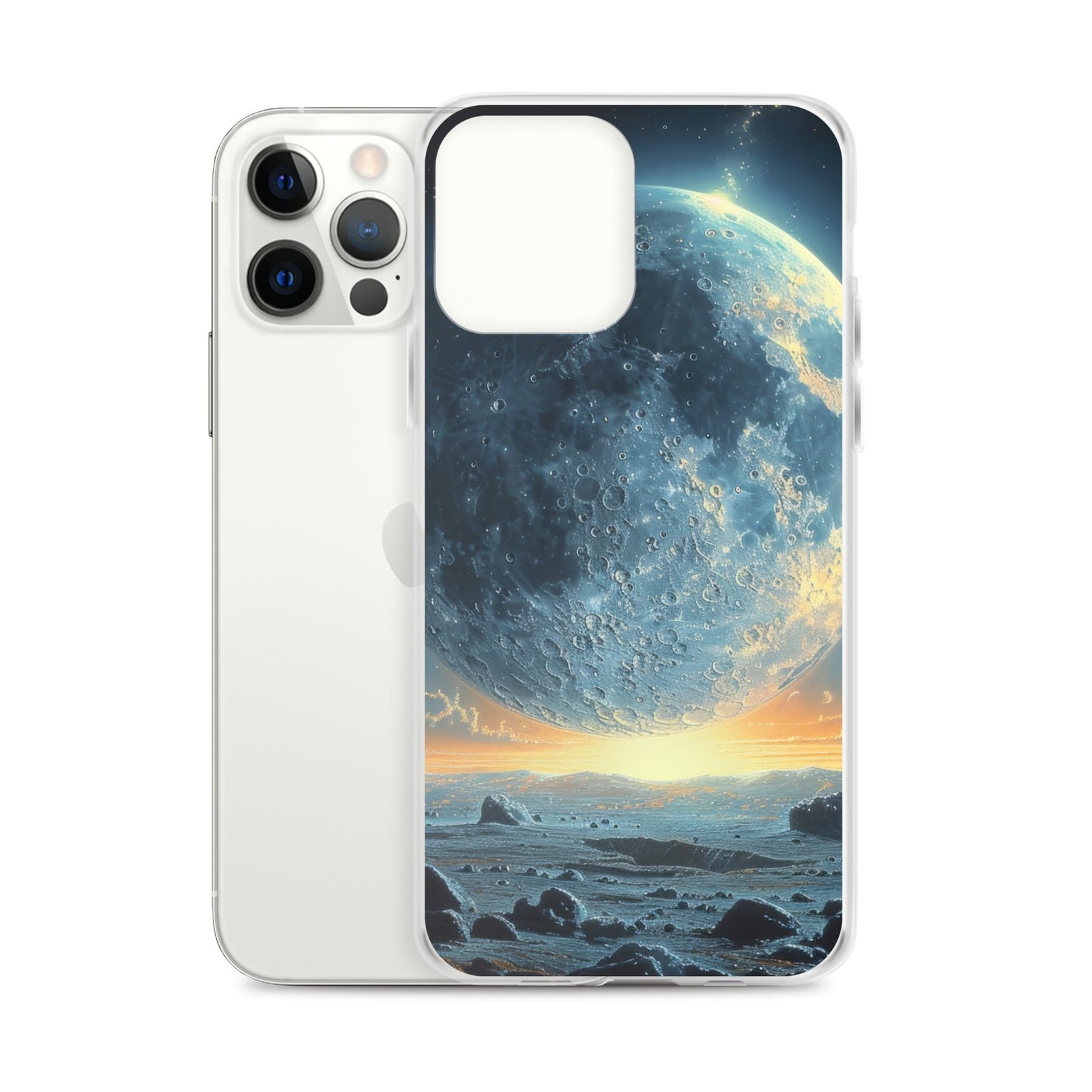 An iPhone case featuring a clear design of the moon and rocks, bringing you closer to the Moon.