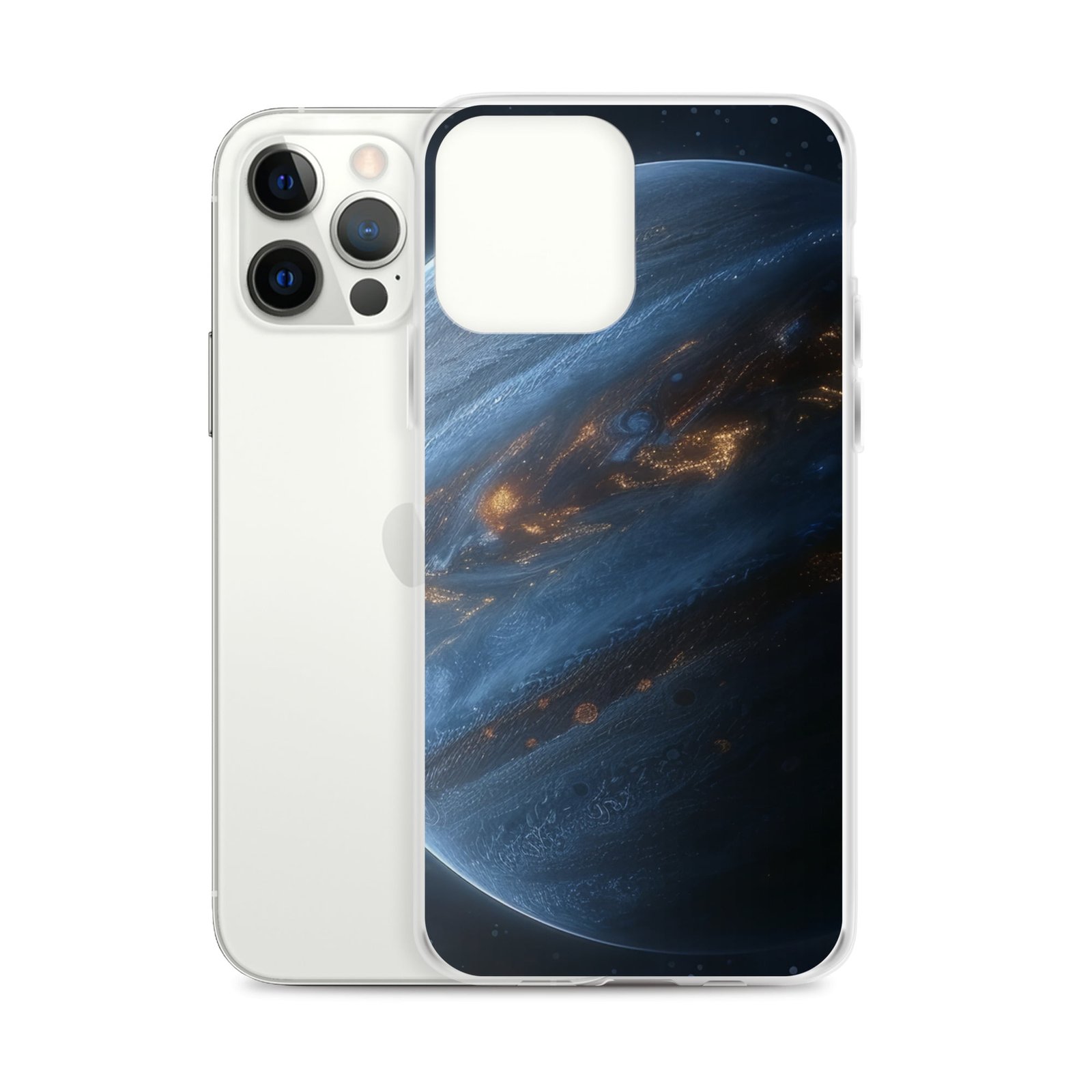 A clear iPhone case featuring an image of the planet Jupiter.