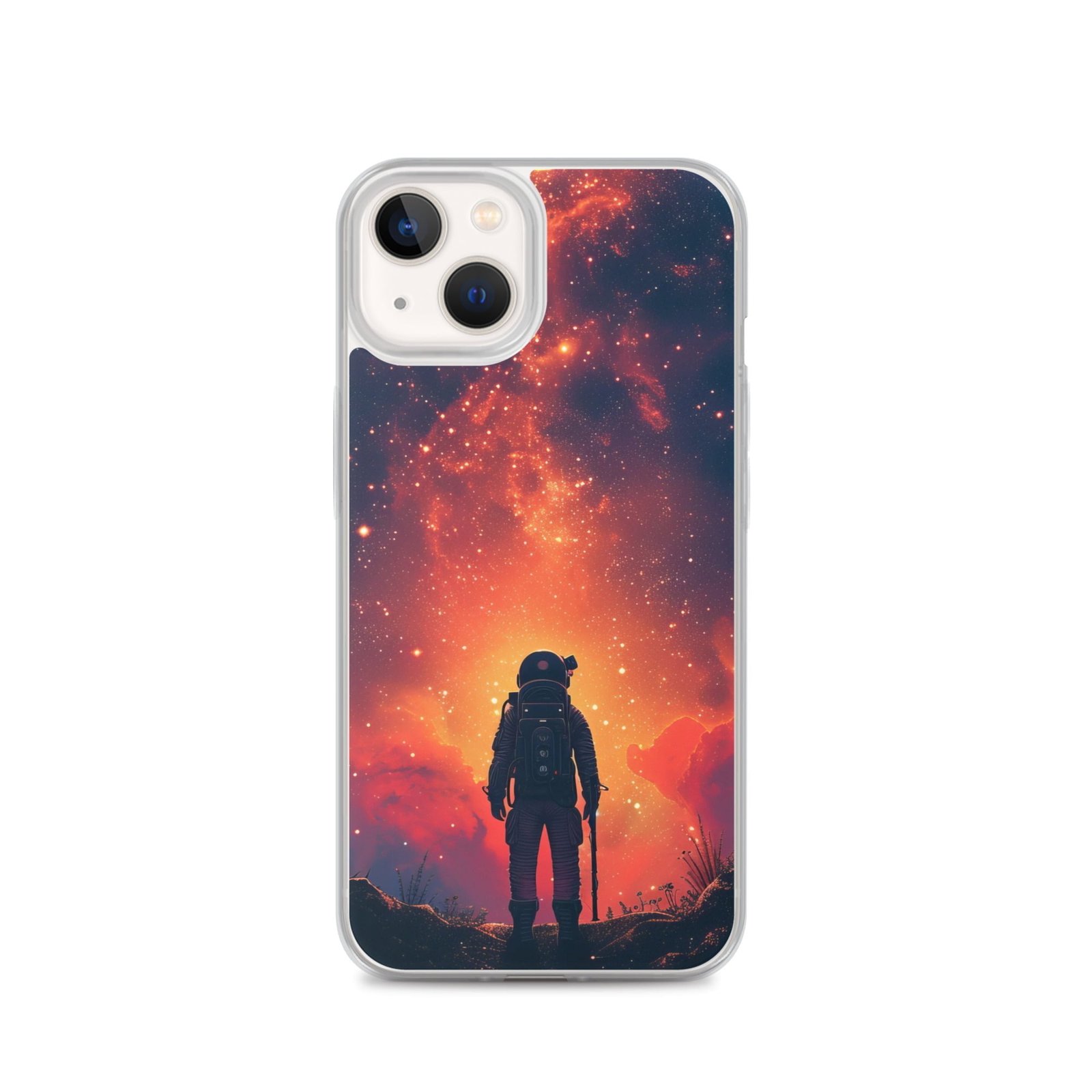 A clear iPhone case with a man in space looking at the stars.